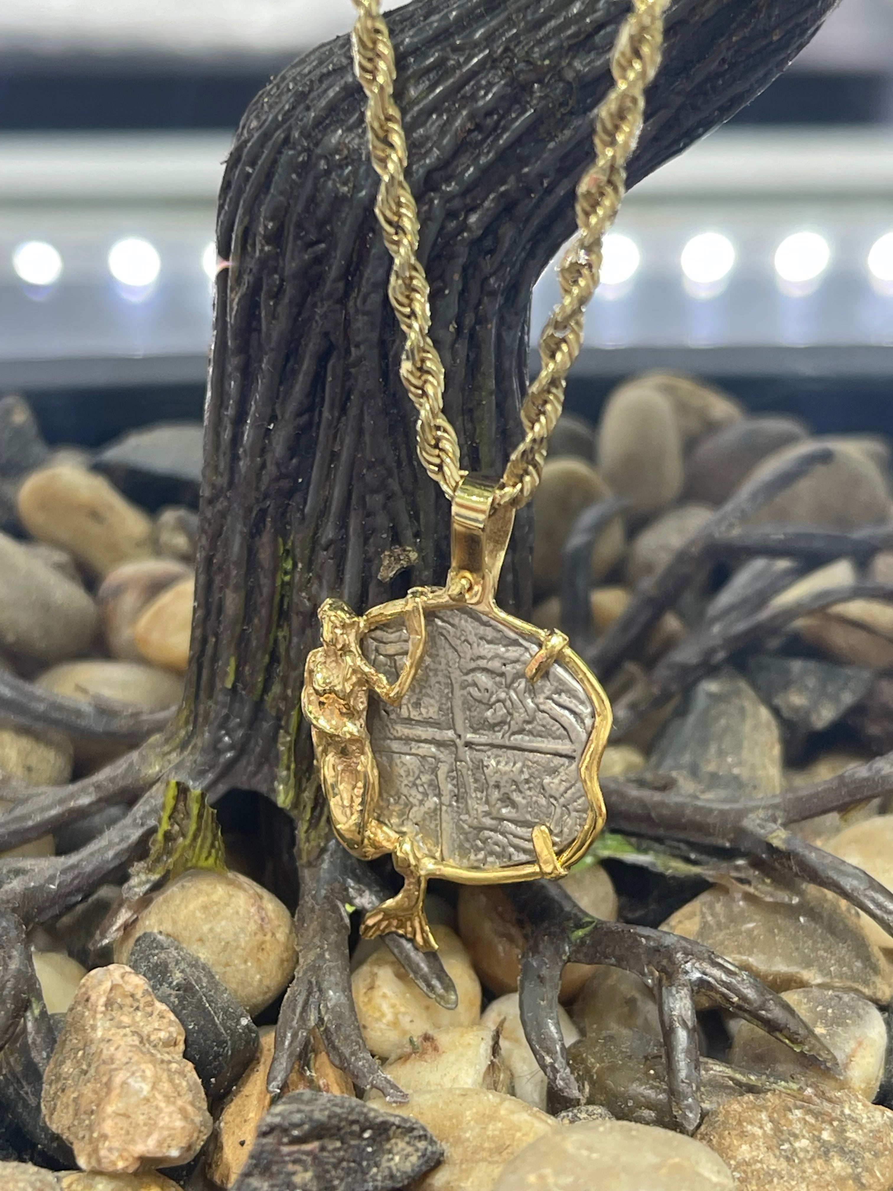 ATOCHA SHIPWRECK SILVER COIN PENDANT IN 14KT SOLID REAL GOLD MERMAID BEZEL