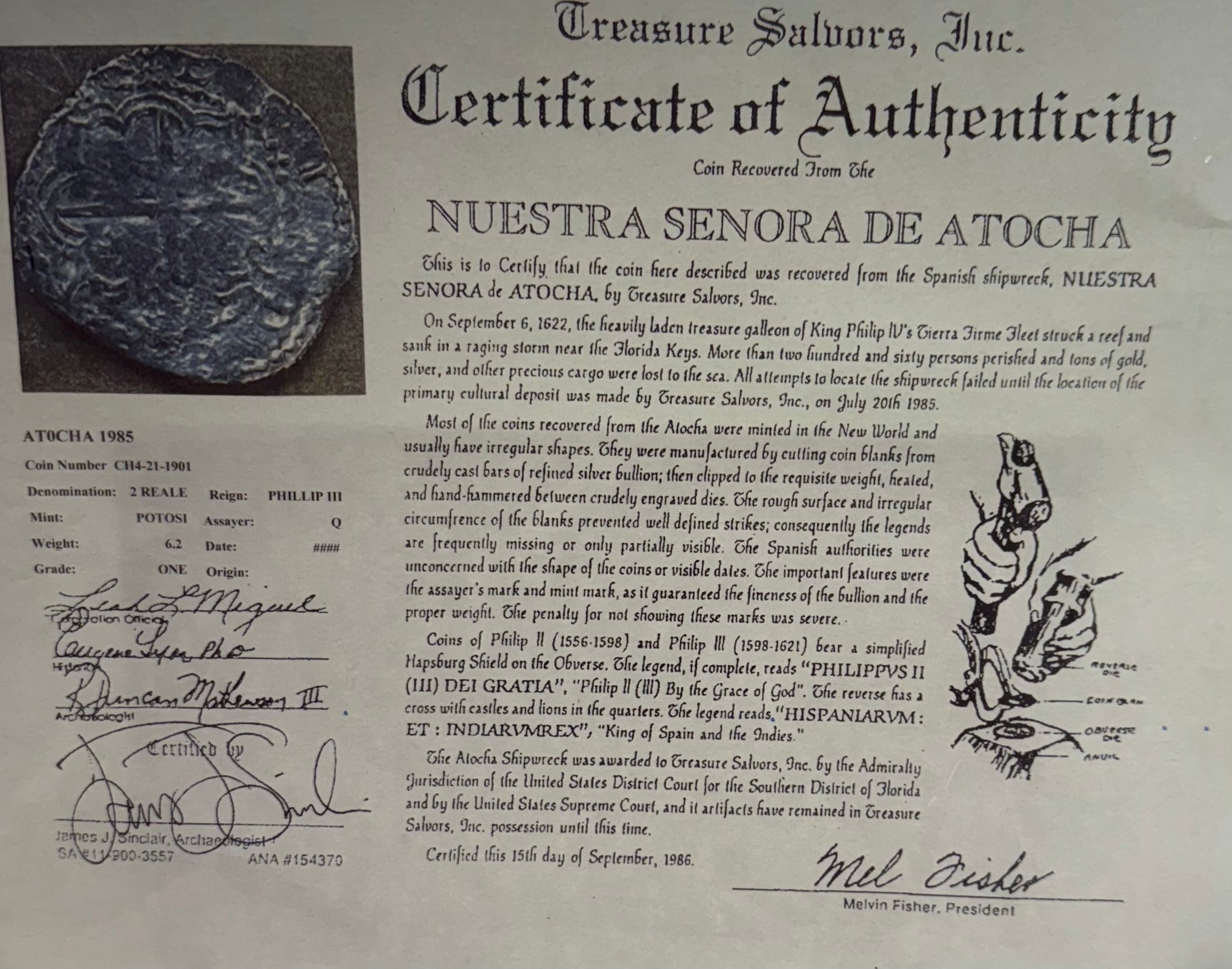 ACTUAL COIN NUESTRA SENORA DE ATOCHA SILVER COIN 2 REALE GRADE 1 Q ASSAYER IN 14K SOLID GOLD BEZEL SHIPWRECK COIN PENDANT