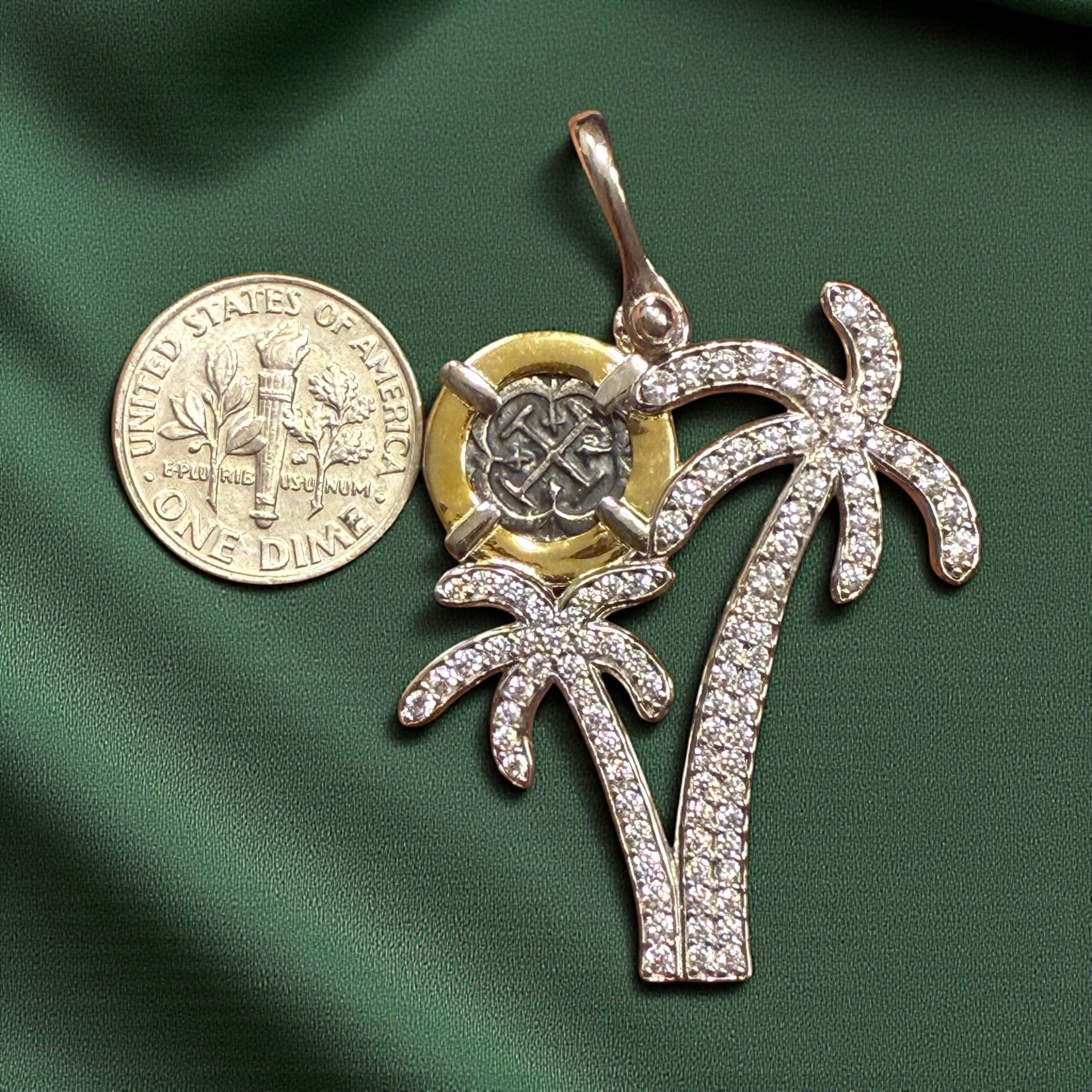 Atocha Shipwreck mini coin pendant in beautiful double crystal palm tree setting
