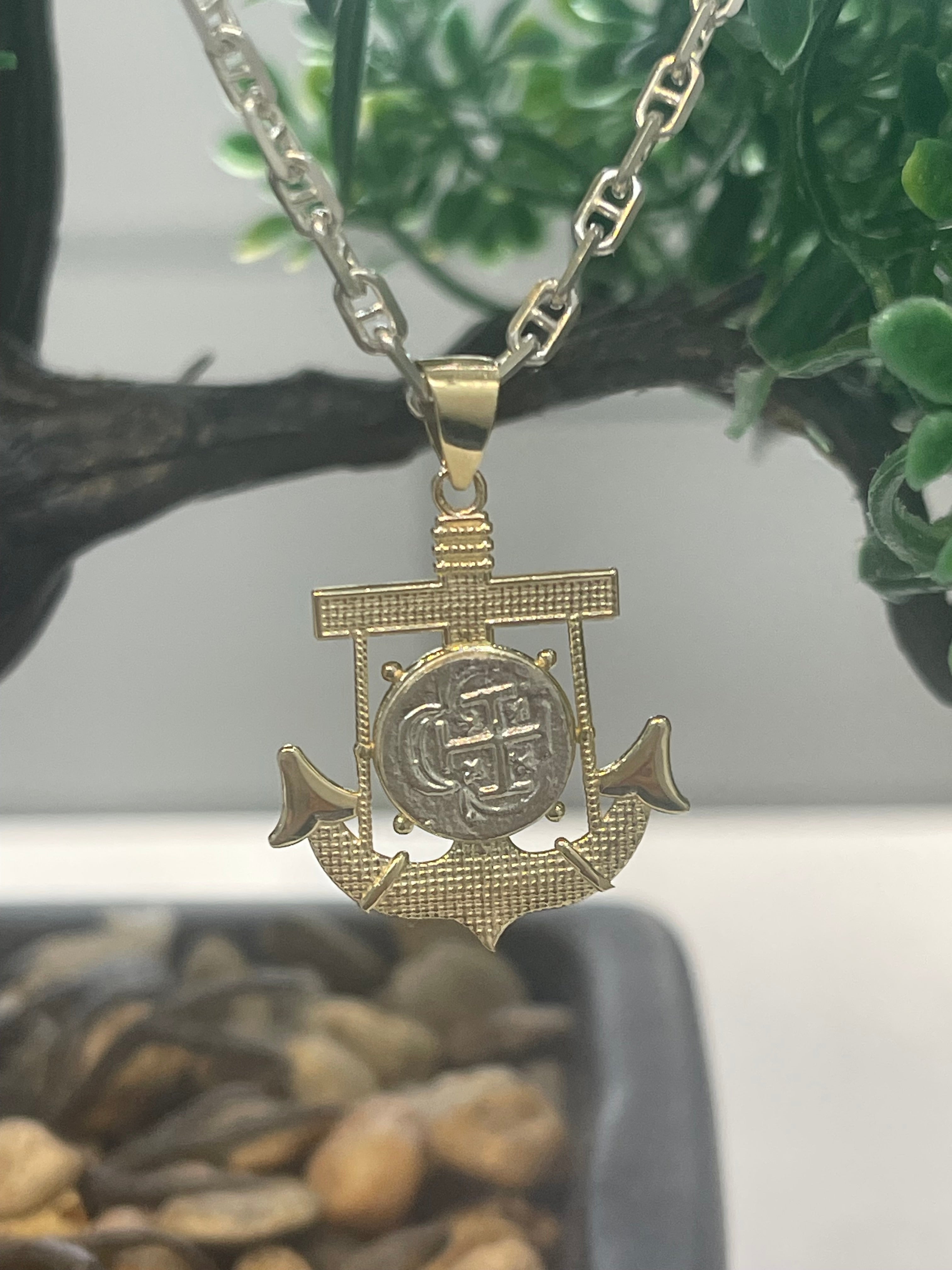 NUESTRA SENORA DE ATOCHA MINI SILVER COIN PENDANT IN 10K REAL GOLD ANCHOR