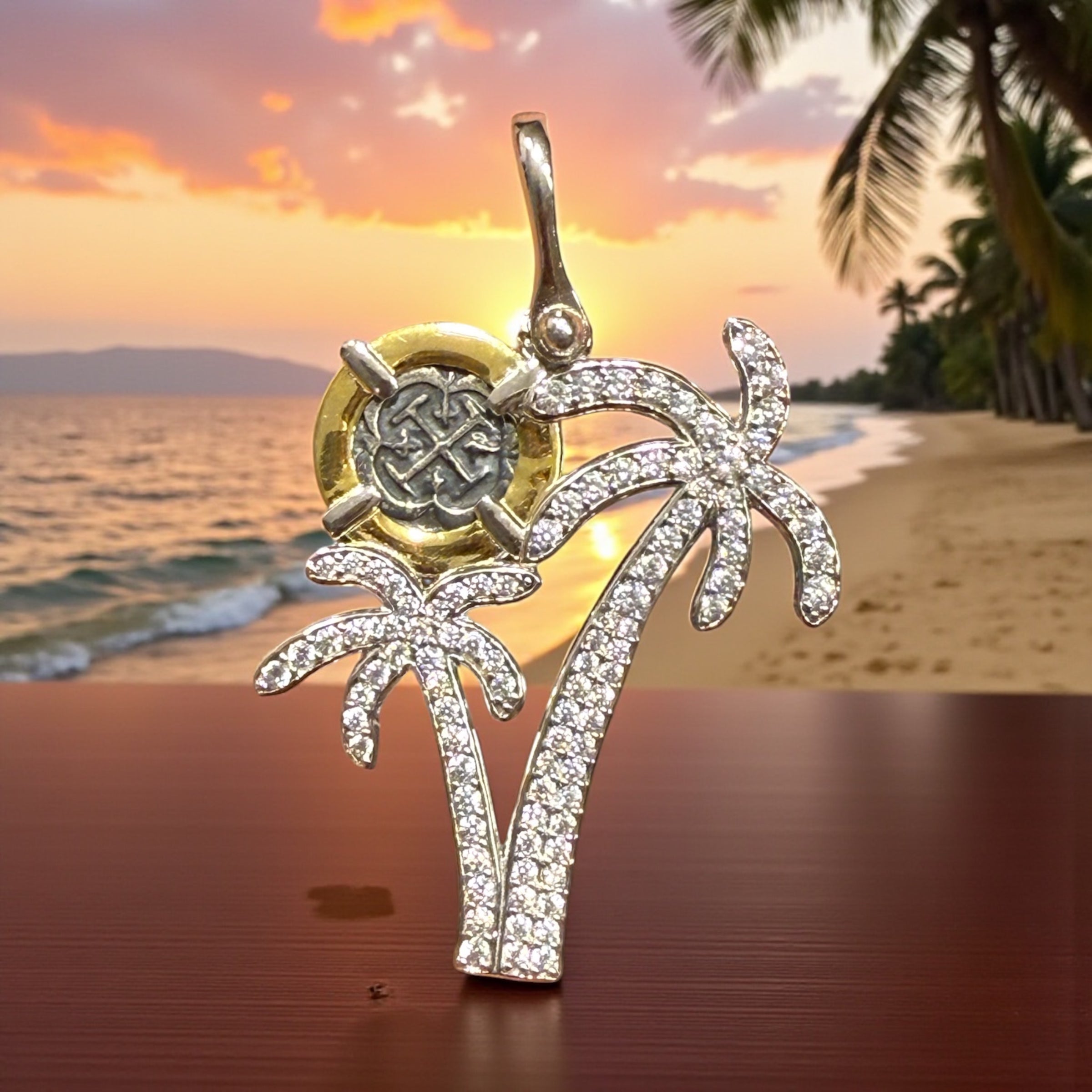 Atocha Shipwreck mini coin pendant in beautiful double crystal palm tree setting
