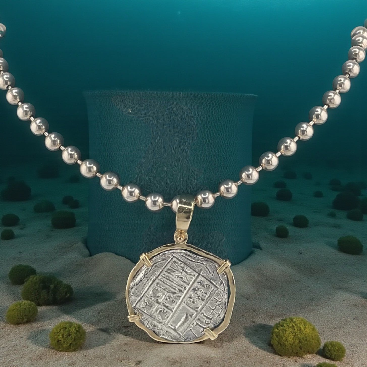 NUESTRA SENORA DE ATOCHA SILVER COIN PENDANT IN 14KT SOLID GOLD BEZEL WITH 925 STERLING SILVER BEAD CHAIN 18” LONG