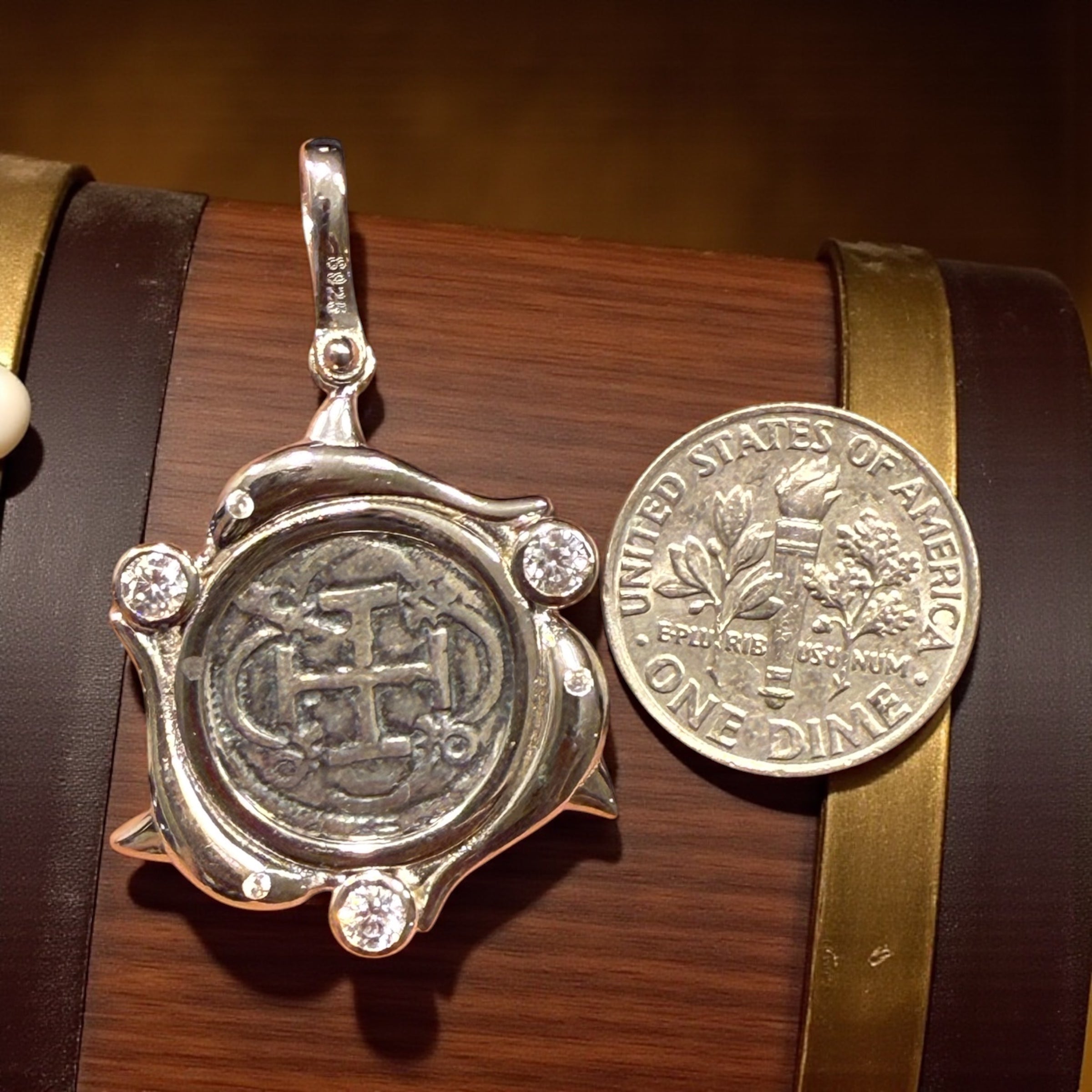 Atocha Shipwreck mini coin pendant in beautiful dolphins and crystals 21mm