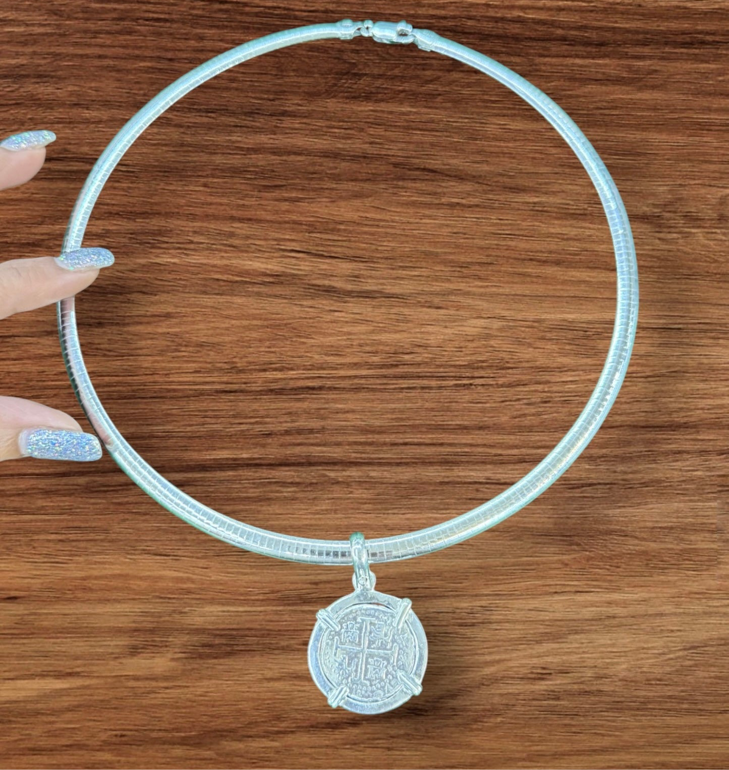 Atocha silver coin pendant on Omega chain 6mm