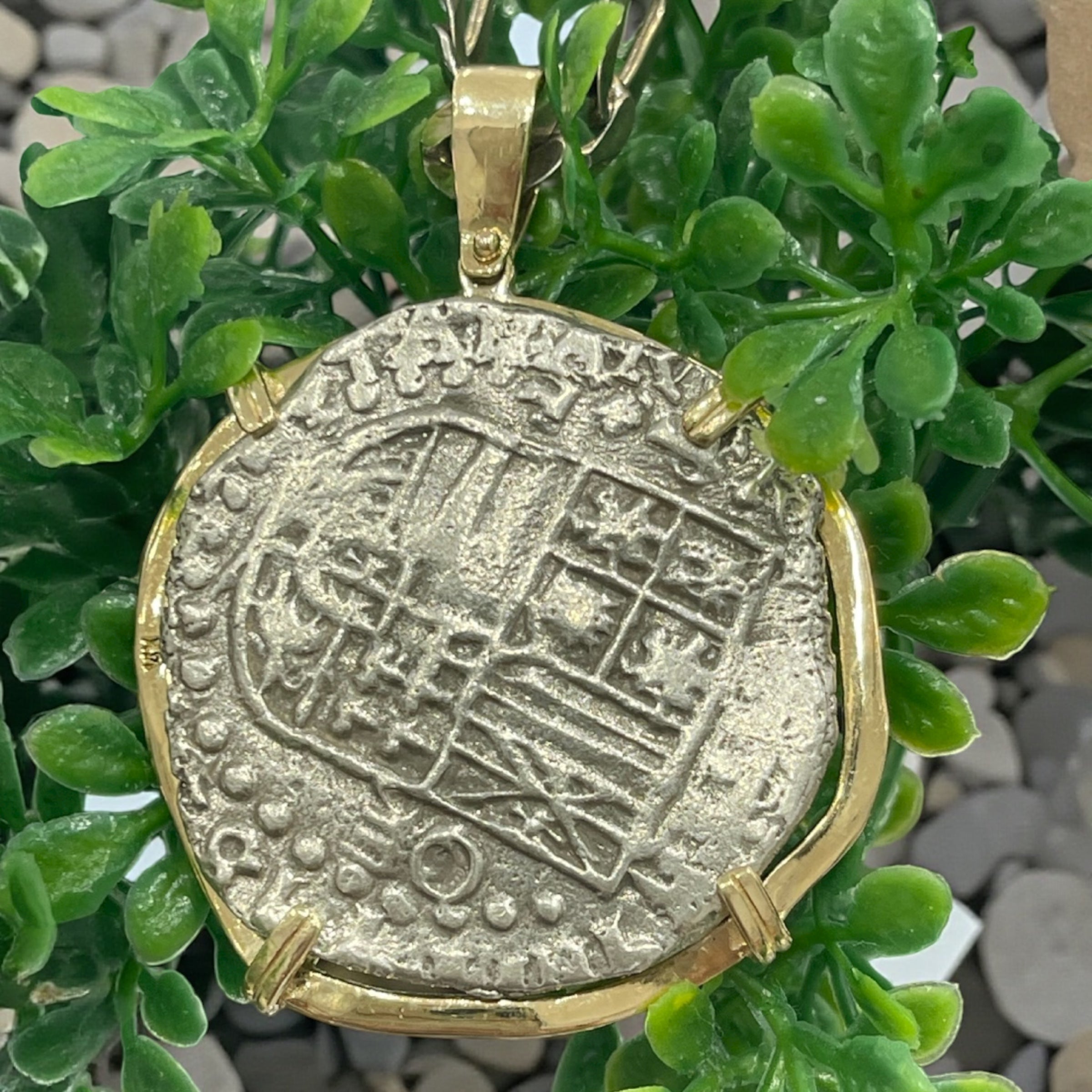 RECREATION OF ATOCHA SILVER COIN PENDANT IN 14K REAL SOLID GOLD BEZEL