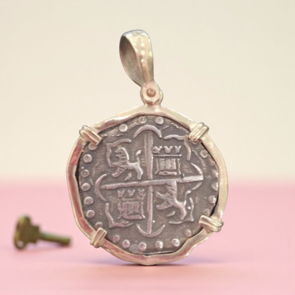 Replica ATOCHA Silver Coin Pendant In 14k Gold Bezel Handmade From Atocha Silver