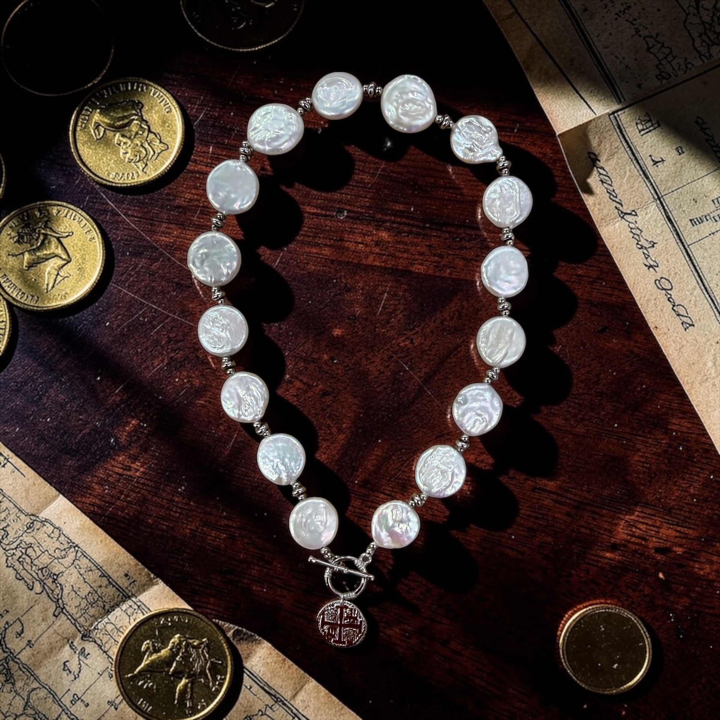 Coin Pearl Toggle Necklace: Atocha Sterling Silver Charm, 925 sterling silver