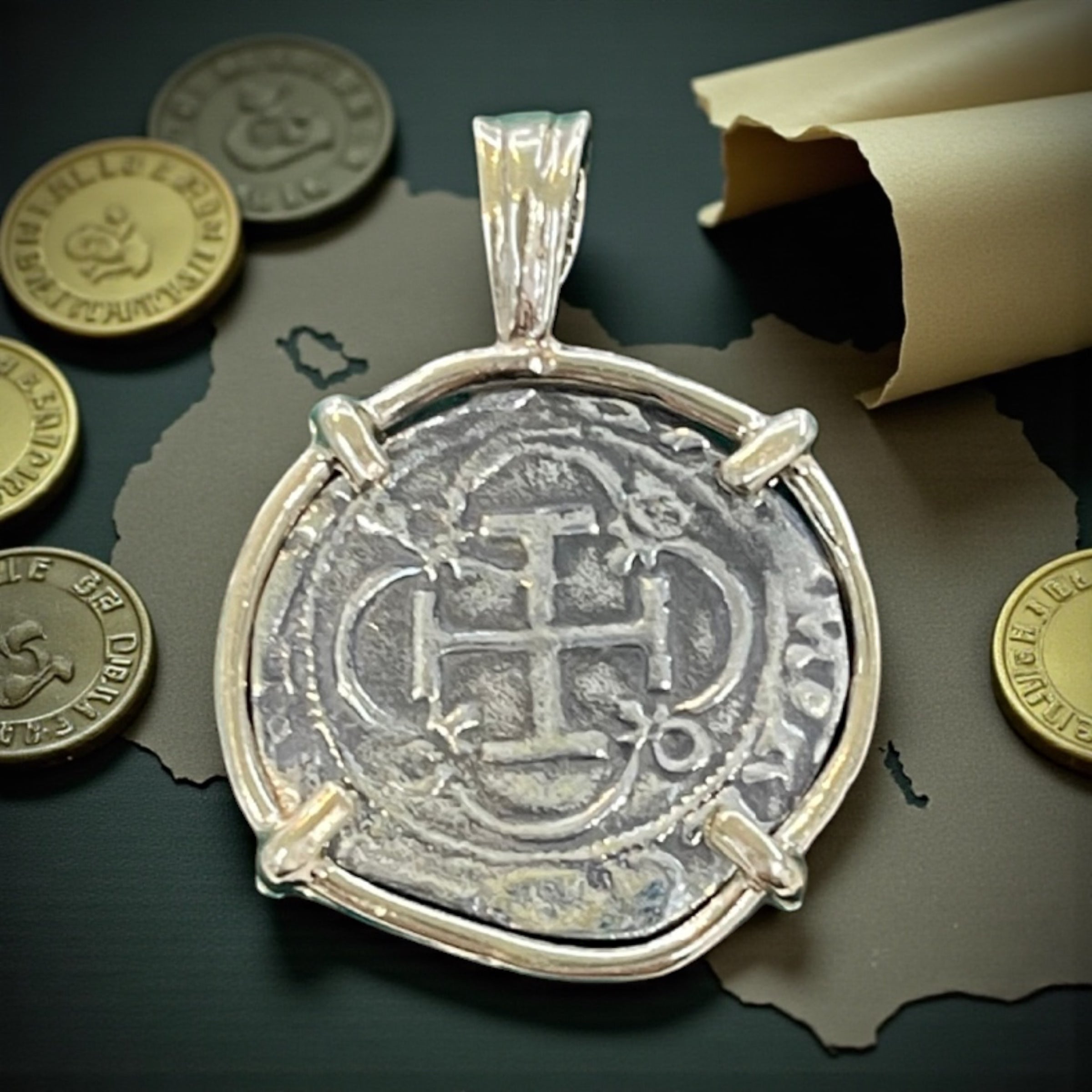 NUESTRA SENORA DE ATOCHA SILVER COIN PENDANT IN 14KT SOLID GOLD BEZEL HANDMADE WITH ATOCHA SILVER