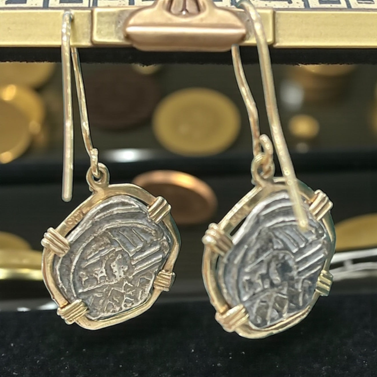 ATOCHA SILVER COIN HOOK DANGLE EARRINGS IN 14k GOLD BEZEL AND 14K GOLD HOOK