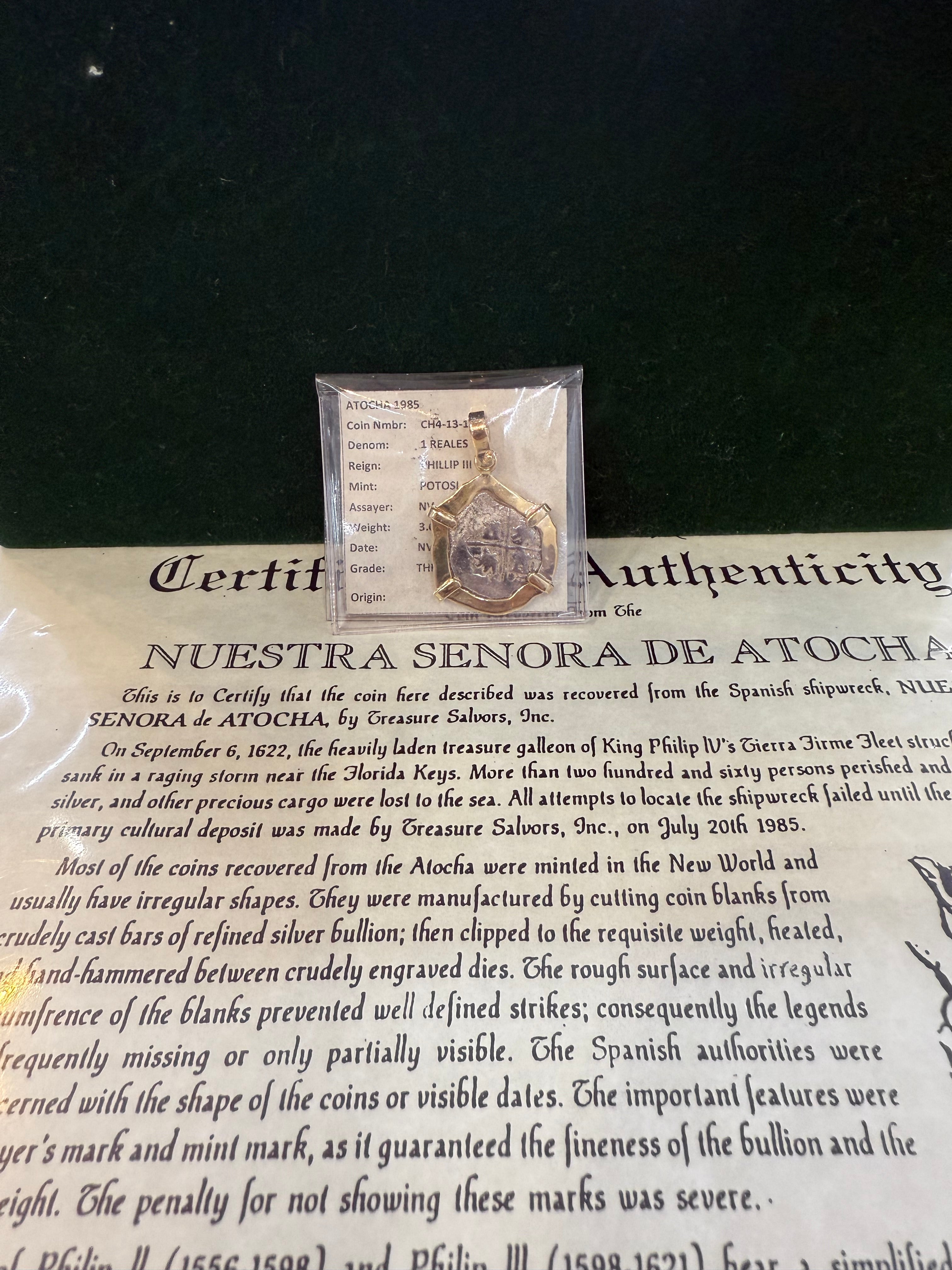 ACTUAL COIN NUESTRA SENORA DE ATOCHA SILVER COIN 1 REALE GRADE 3 IN 14K SOLID GOLD BEZEL SHIPWRECK COIN PENDANT