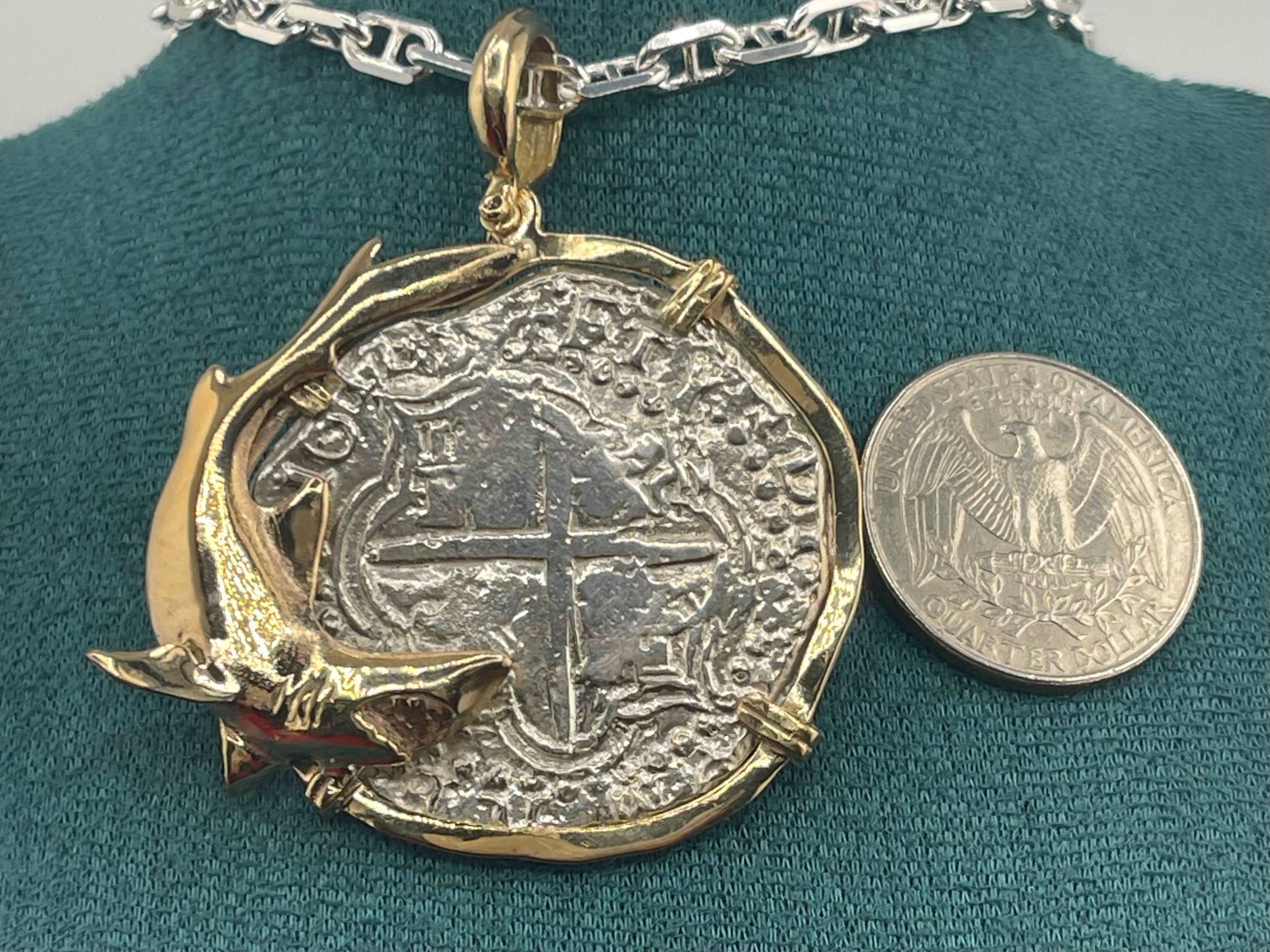 NUESTRA SENORA DE ATOCHA SOLID LARGE SILVER COIN PENDANT IN 14KT SOLID FISH GOLD BEZEL