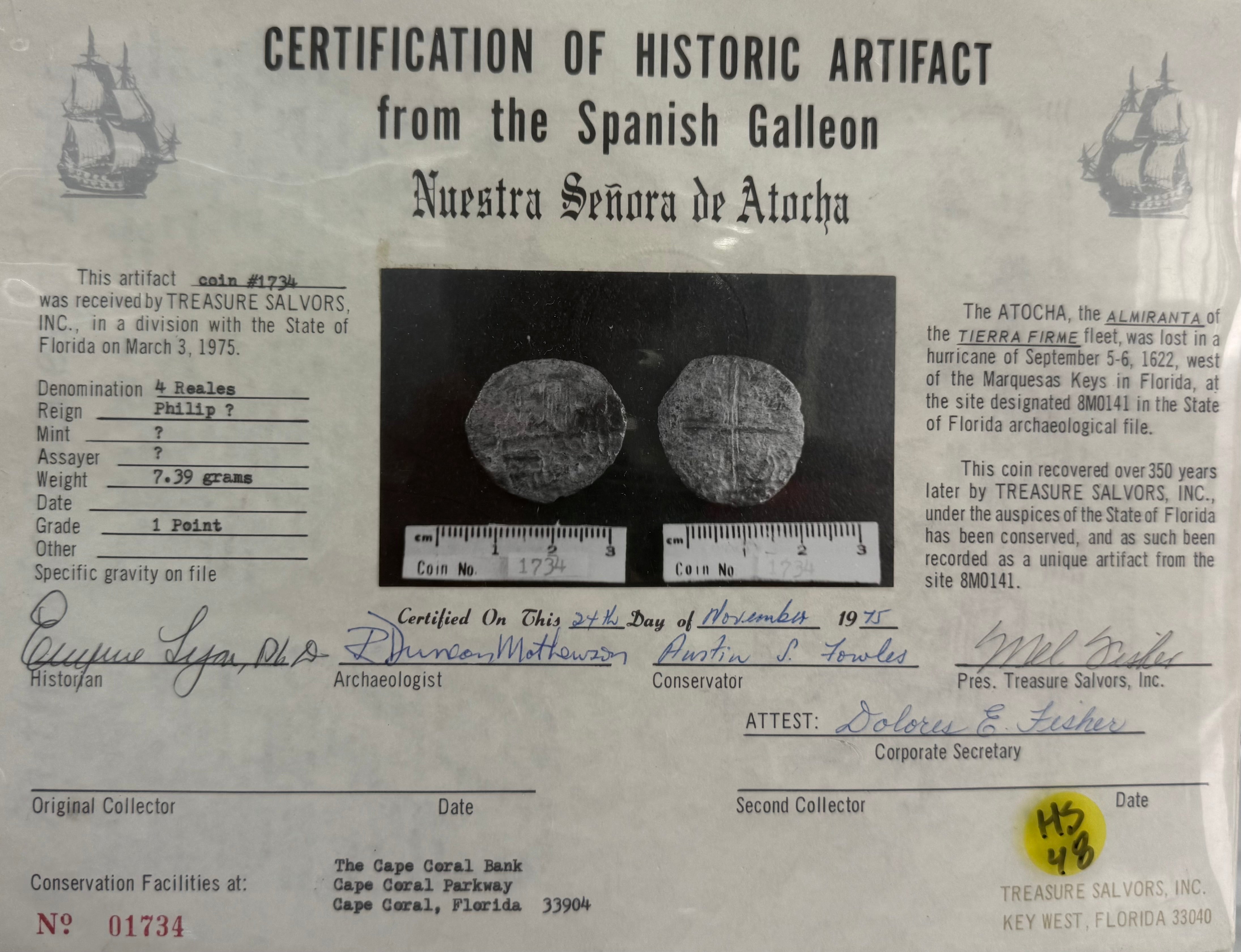 ACTUAL COIN NUESTRA SENORA DE ATOCHA SILVER COIN 4 REALE GRADE 1 POINT
