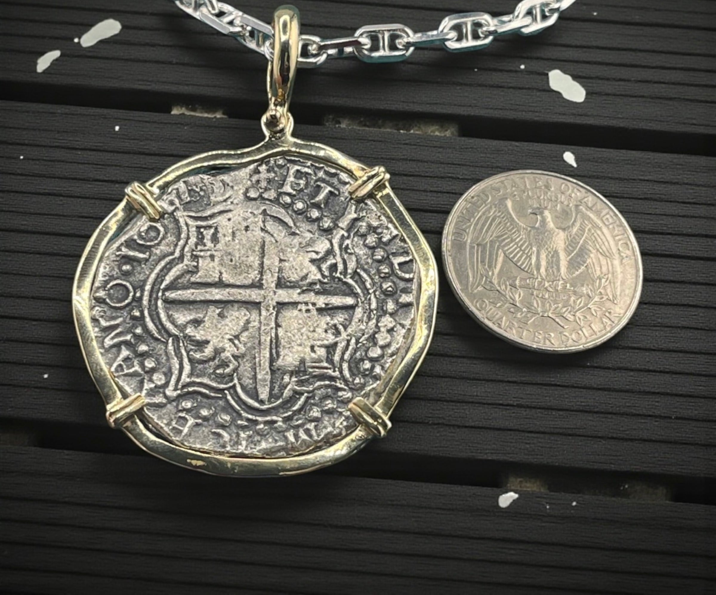 NUESTRA SENORA DE ATOCHA SOLID LARGE SIZE SILVER COIN PENDANT IN 14KT SOLID GOLD BEZEL