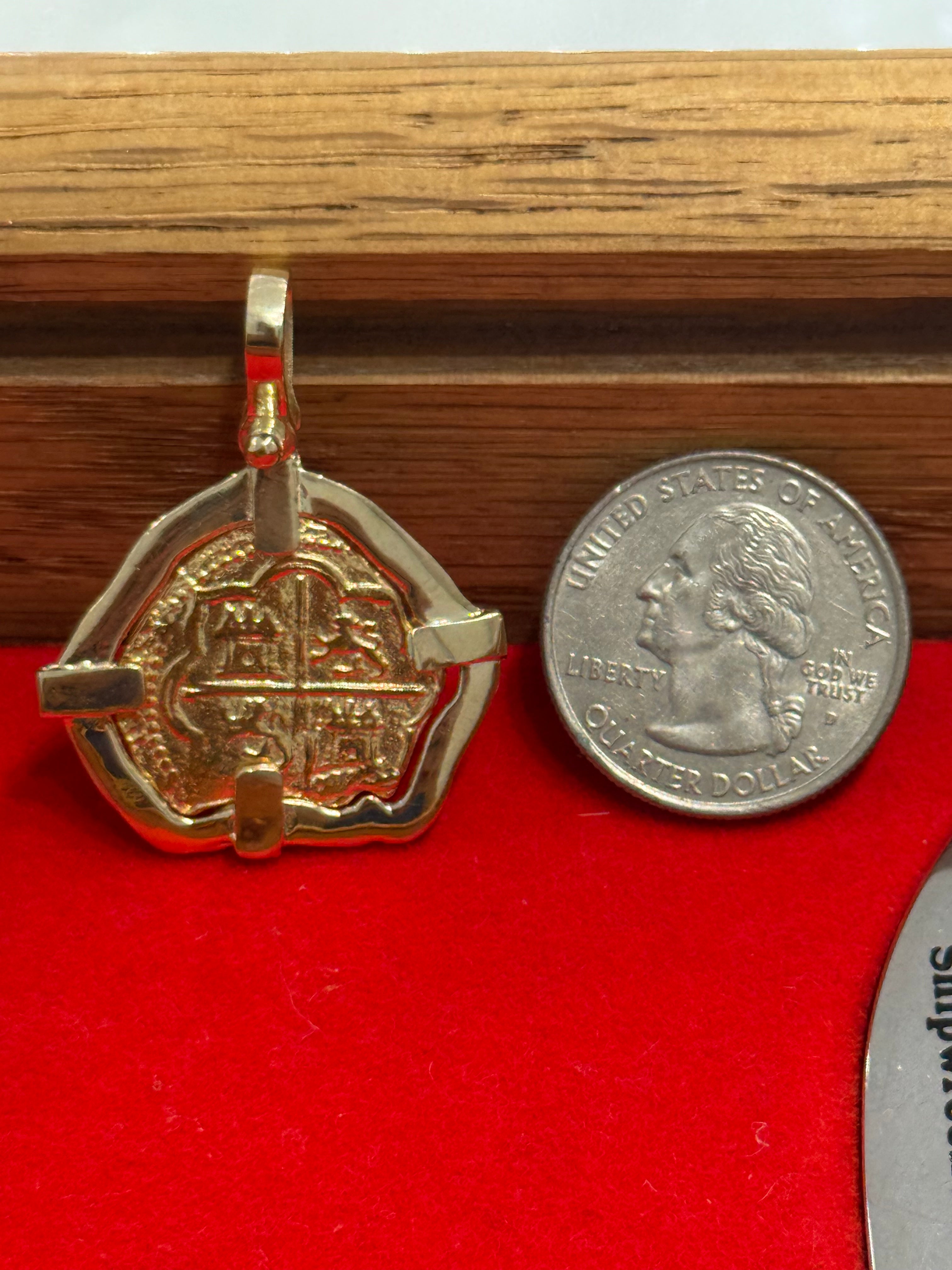 MUSEUM QUALITY RECREATION OF ATOCHA SHIPWRECK GOLD COIN PENDANT HANDMADE WITH 14K REAL GOLD