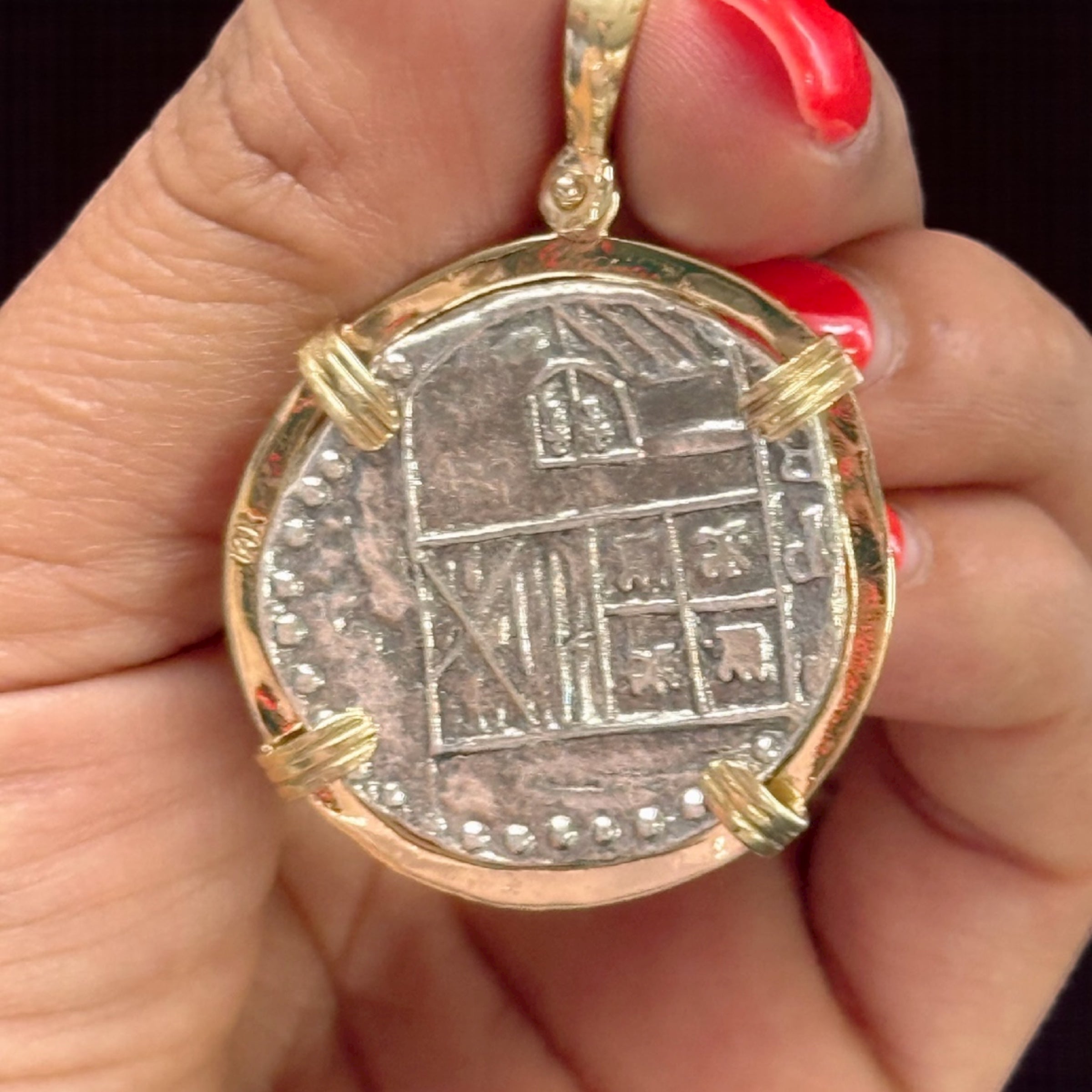 GORGEOUS ATOCHA SOLID SILVER SOLID COIN PENDANT IN 14K SOLID GOLD BEZEL