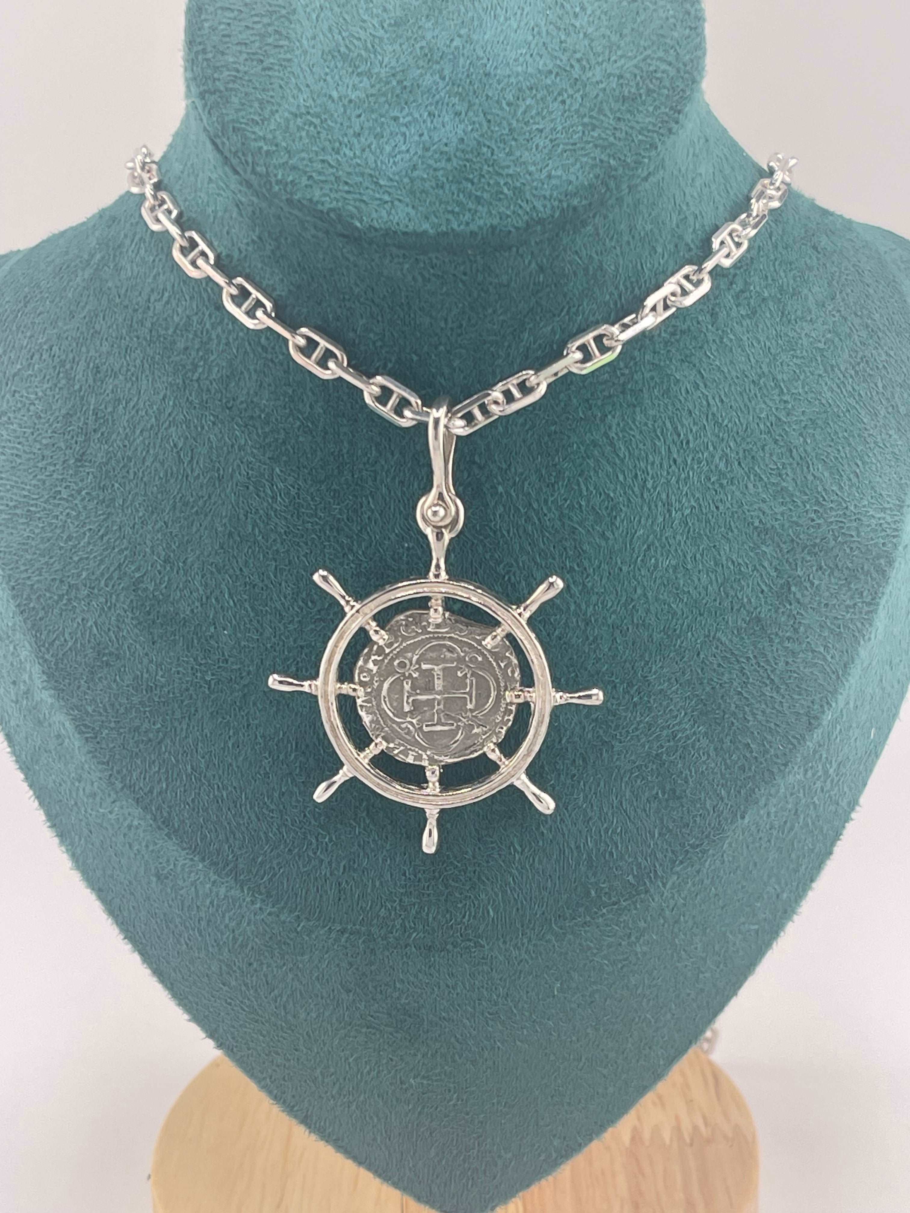 ATOCHA SOLID SILVER SHIPS-WHEEL COIN PENDANT
