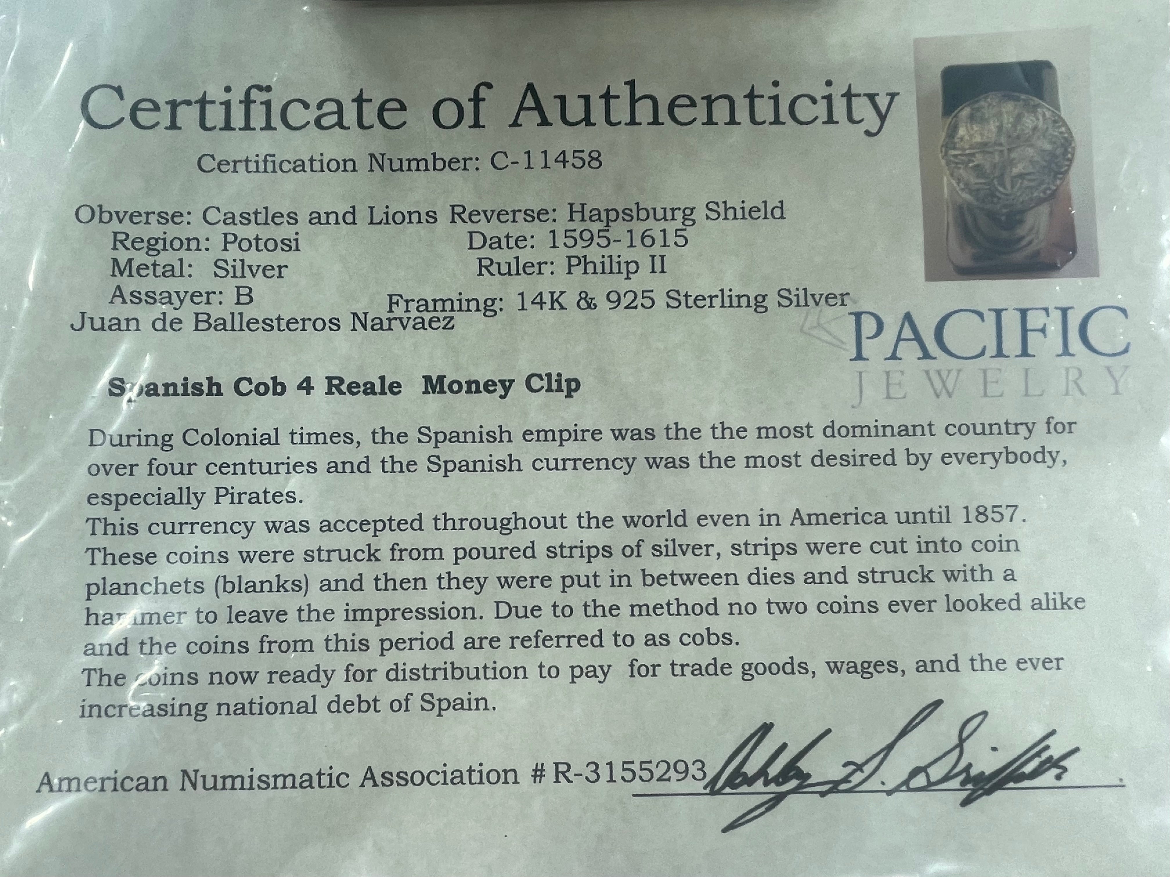 ACTUAL SPANISH COB 4 REALE SHIPWRECK COIN MONEY CLIP