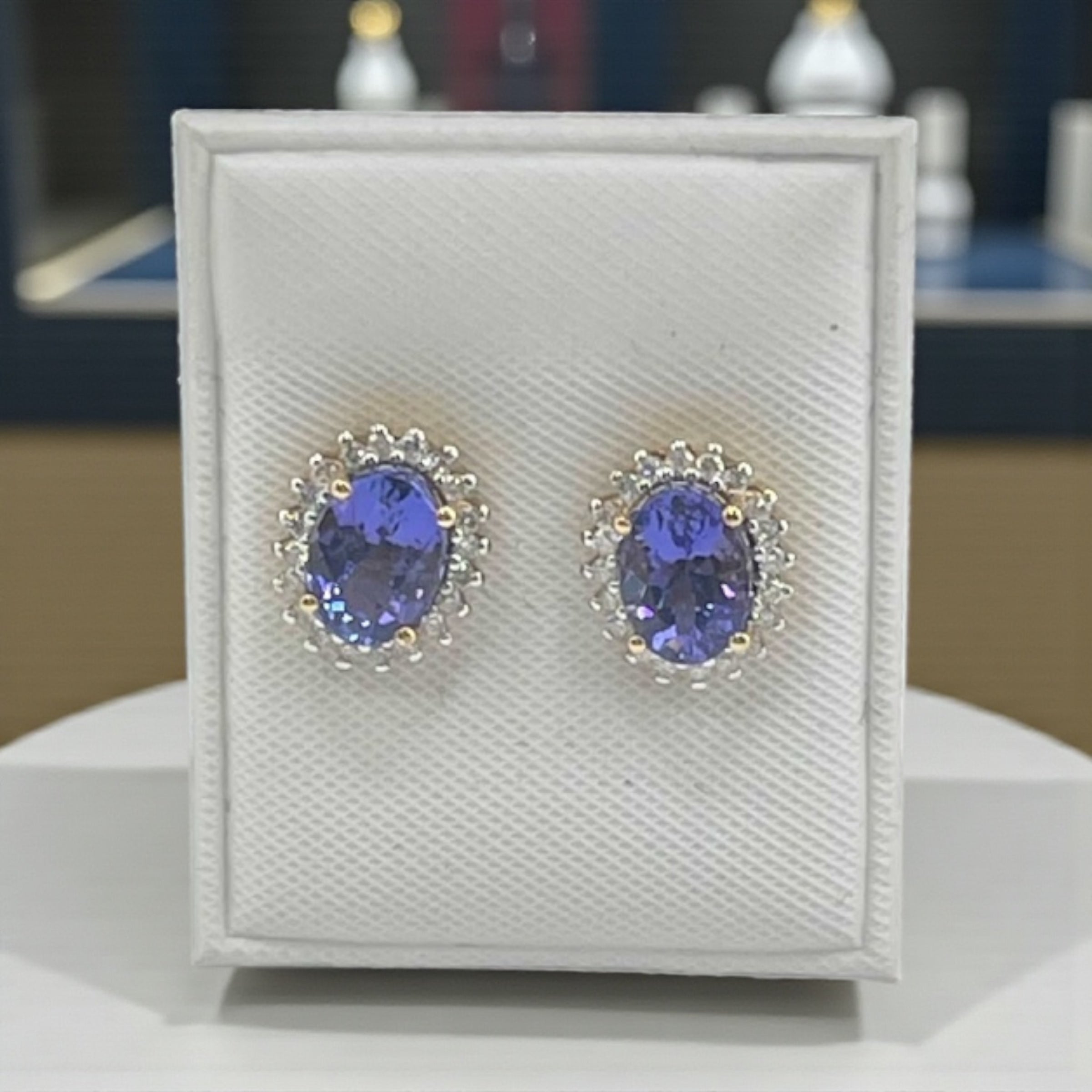 GENUINE AFRICAN TANZANITE STUD EARRINGS IN REAL DAIMONDS SET IN 14K WHITE GOLD 8MM