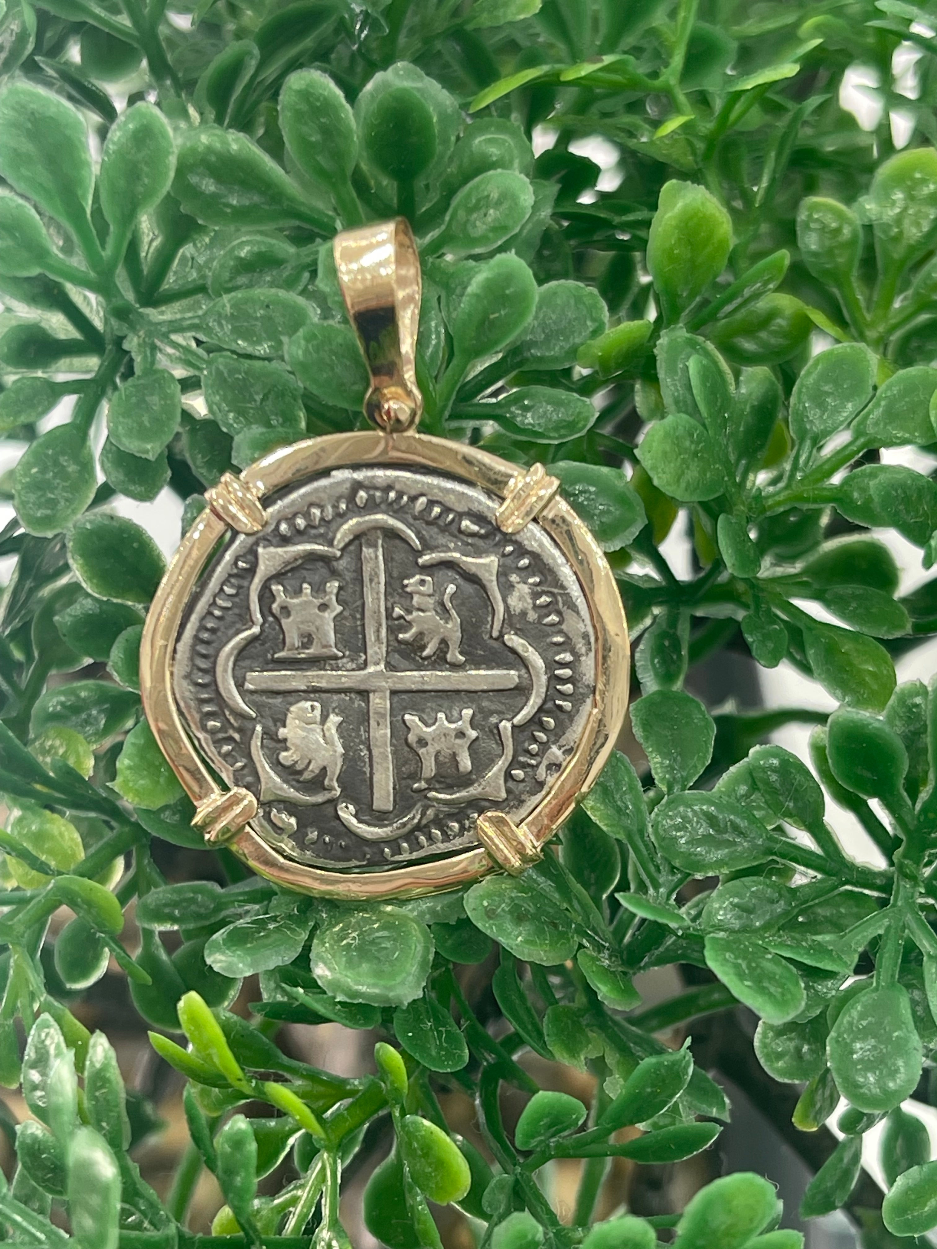 ATOCHA SILVER COIN PENDANT IN 14K REAL SOLID GOLD BEZEL HANDMADE FROM ATOCHA SILVER