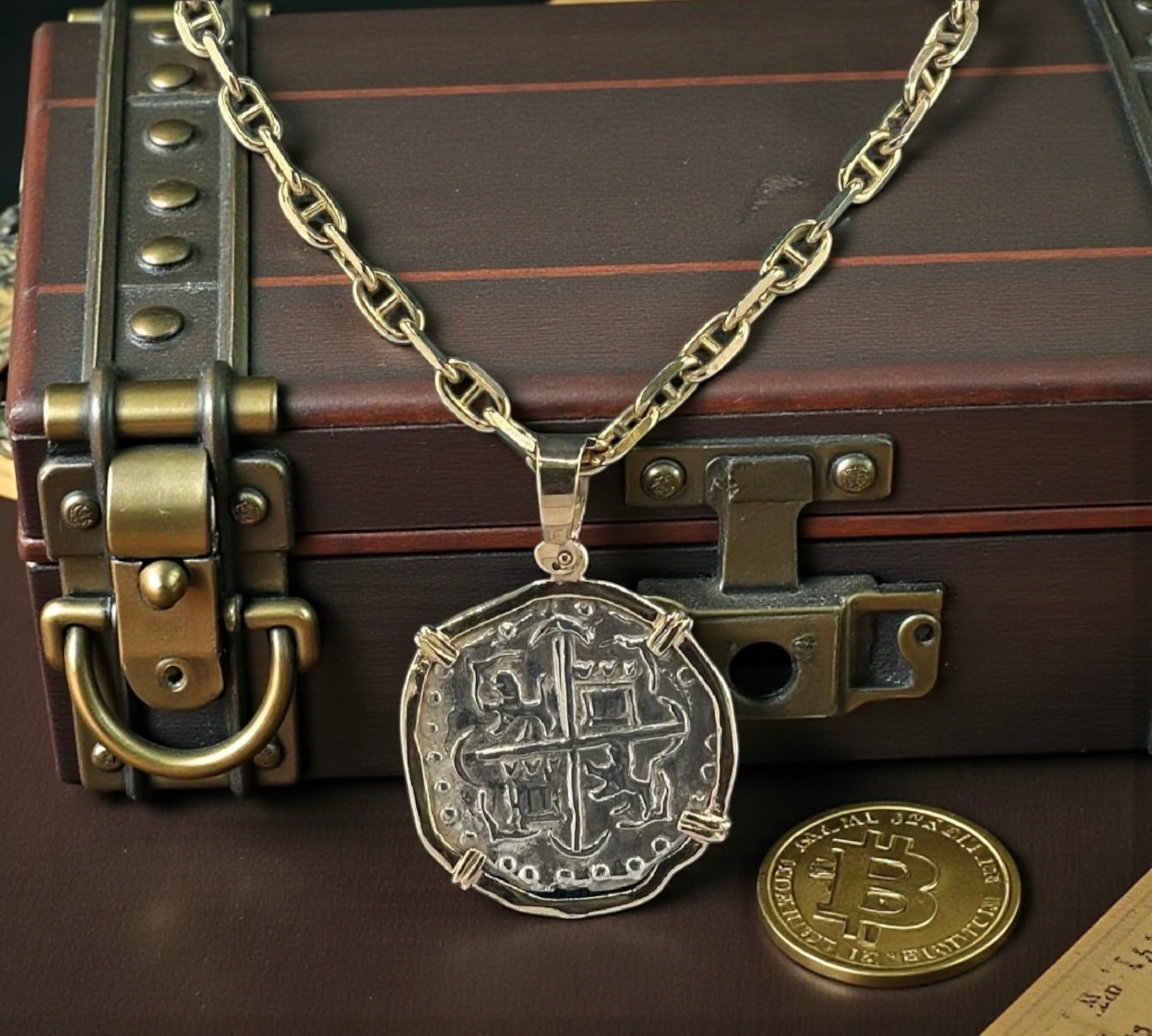 NUESTRA SENORA DE ATOCHA SOLID SILVER COIN PENDANT IN 14KT SOLID GOLD BEZEL