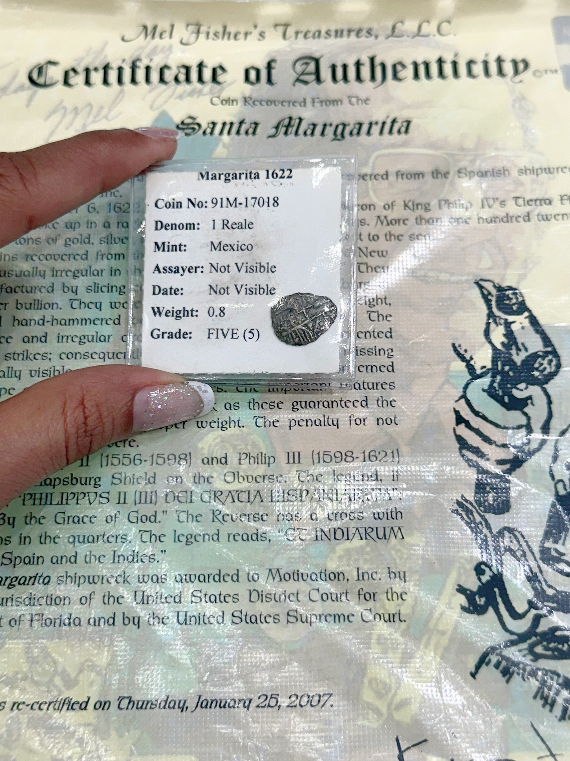 ACTUAL SANTA MARGARITA SILVER COIN 1 REALE GRADE 5 SHIPWRECK COIN NO 91M-17018