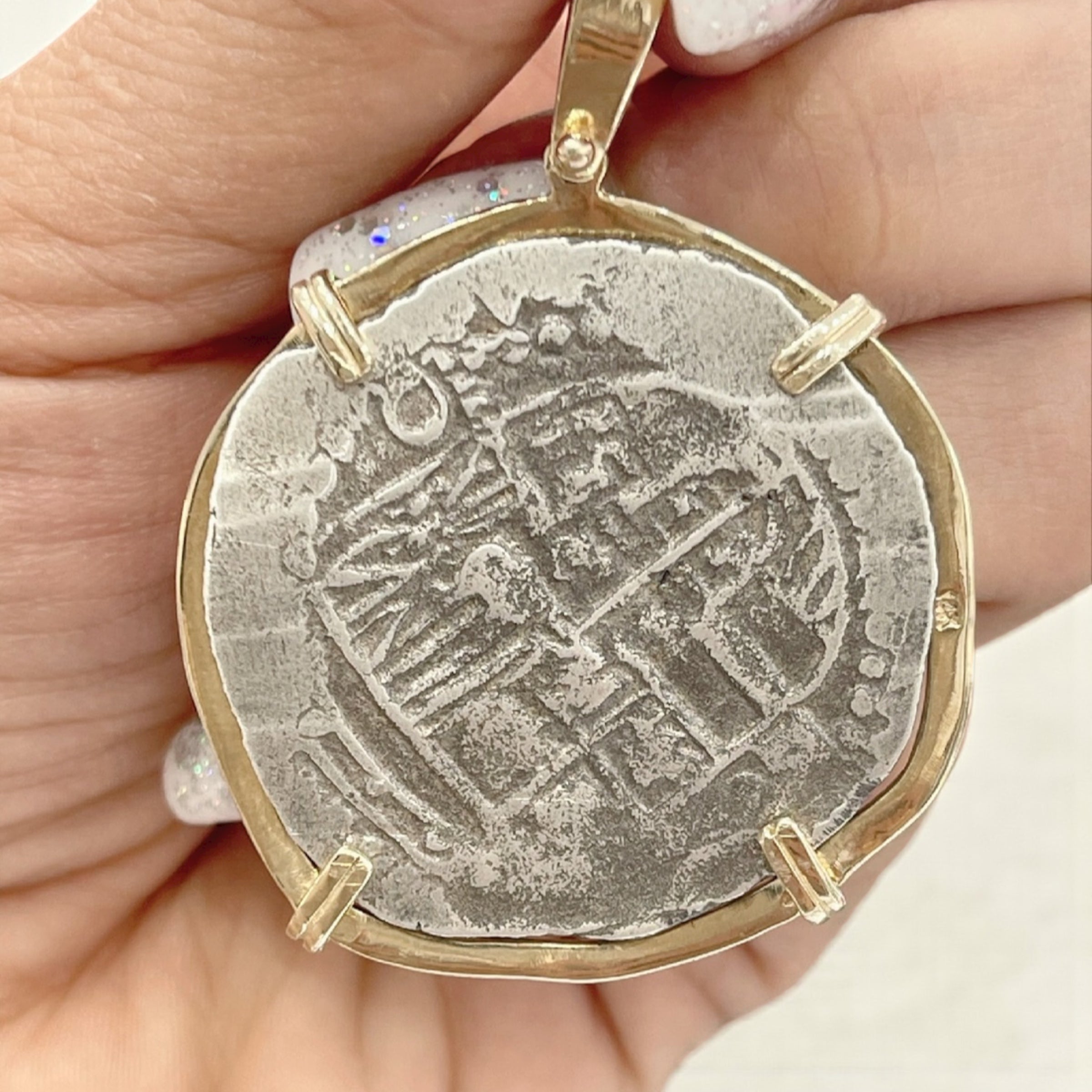 NUESTRA SENORA DE ATOCHA SILVER COIN PENDANT IN 14K REAL SOLID GOLD BEZEL 8 REALE SIZE HANDMADE FROM ATOCHA SILVER