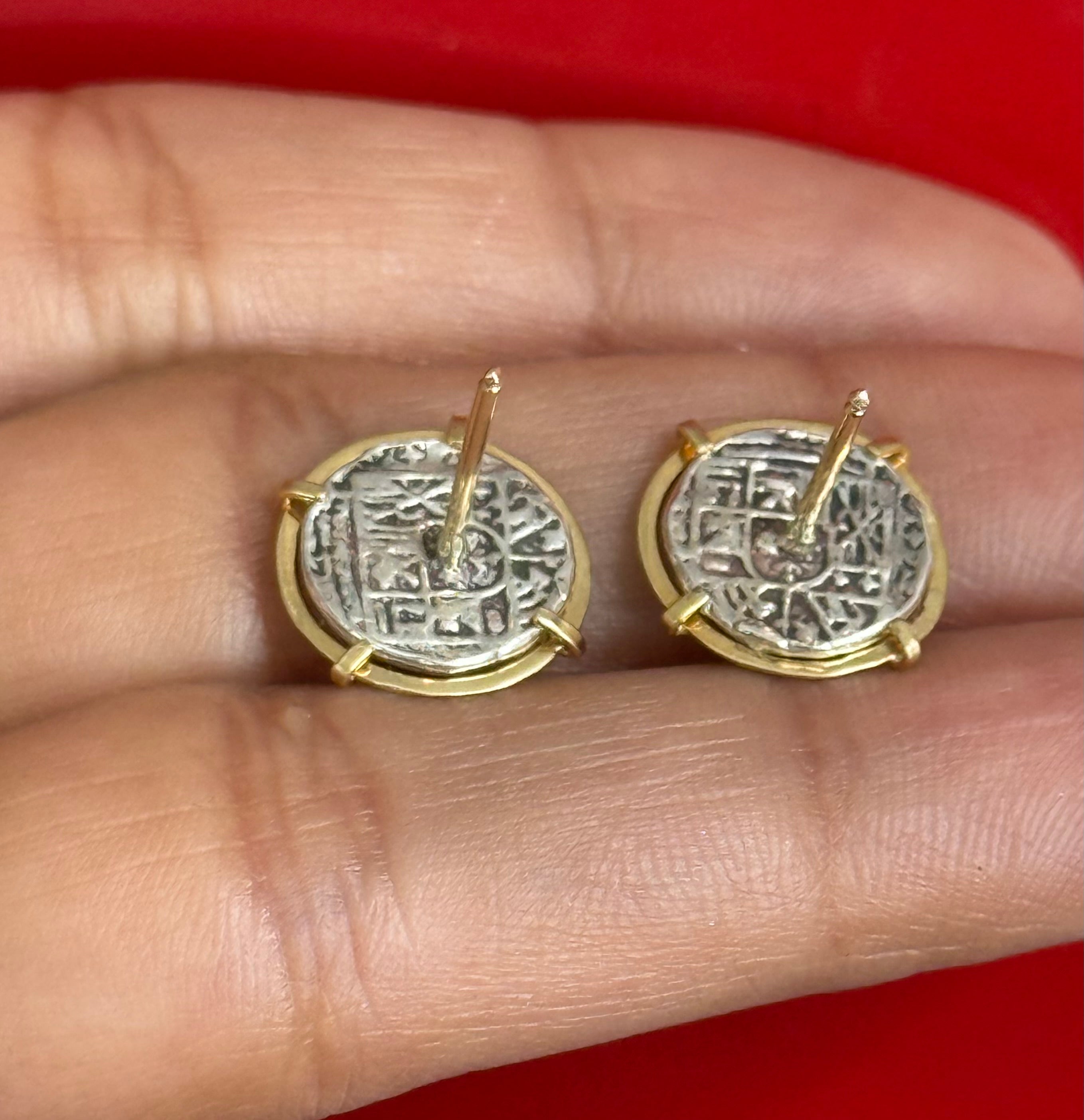 ATOCHA MINI SILVER COIN EARRINGS IN 14k GOLD BEZEL 12MM