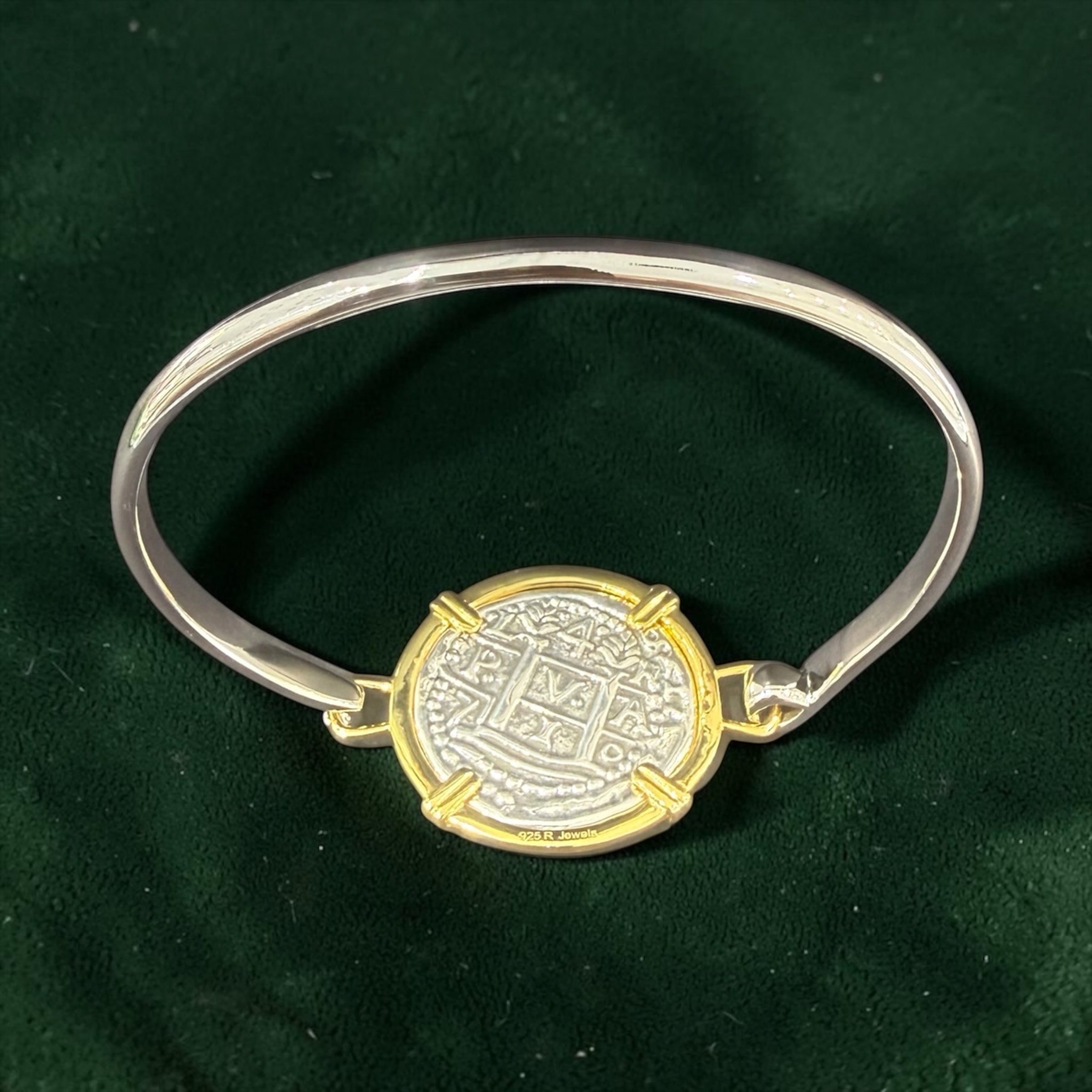 925 solid sterling silver recreation of atocha coin bangle two tone gold and silver