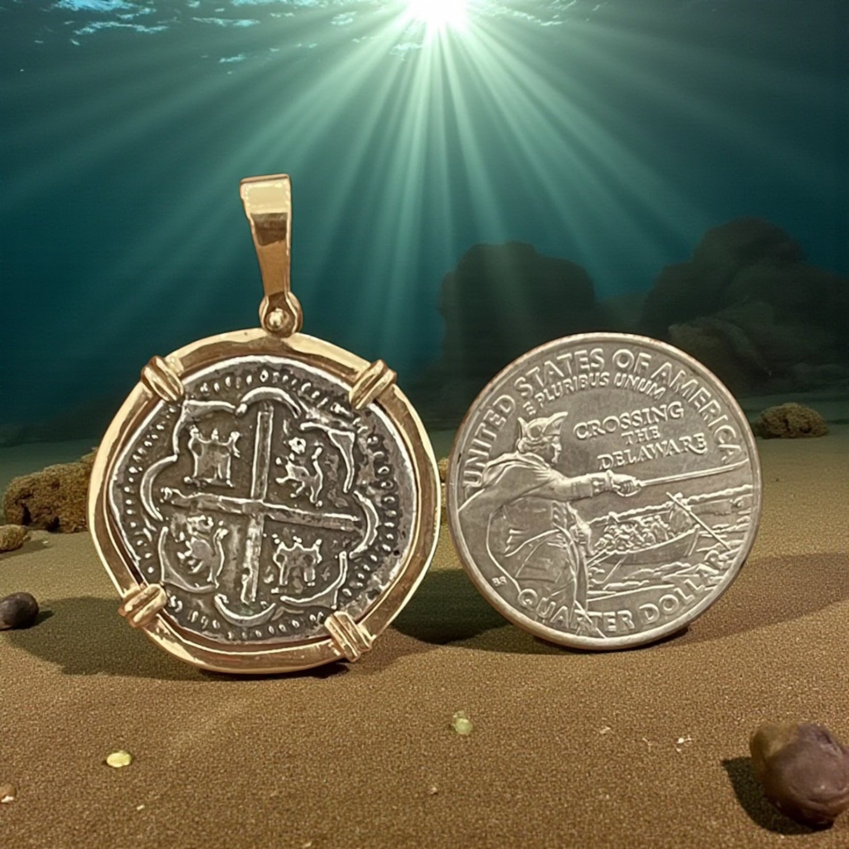 ATOCHA SILVER COIN PENDANT IN 14K REAL SOLID GOLD BEZEL HANDMADE FROM ATOCHA SILVER QUARTER SIZE