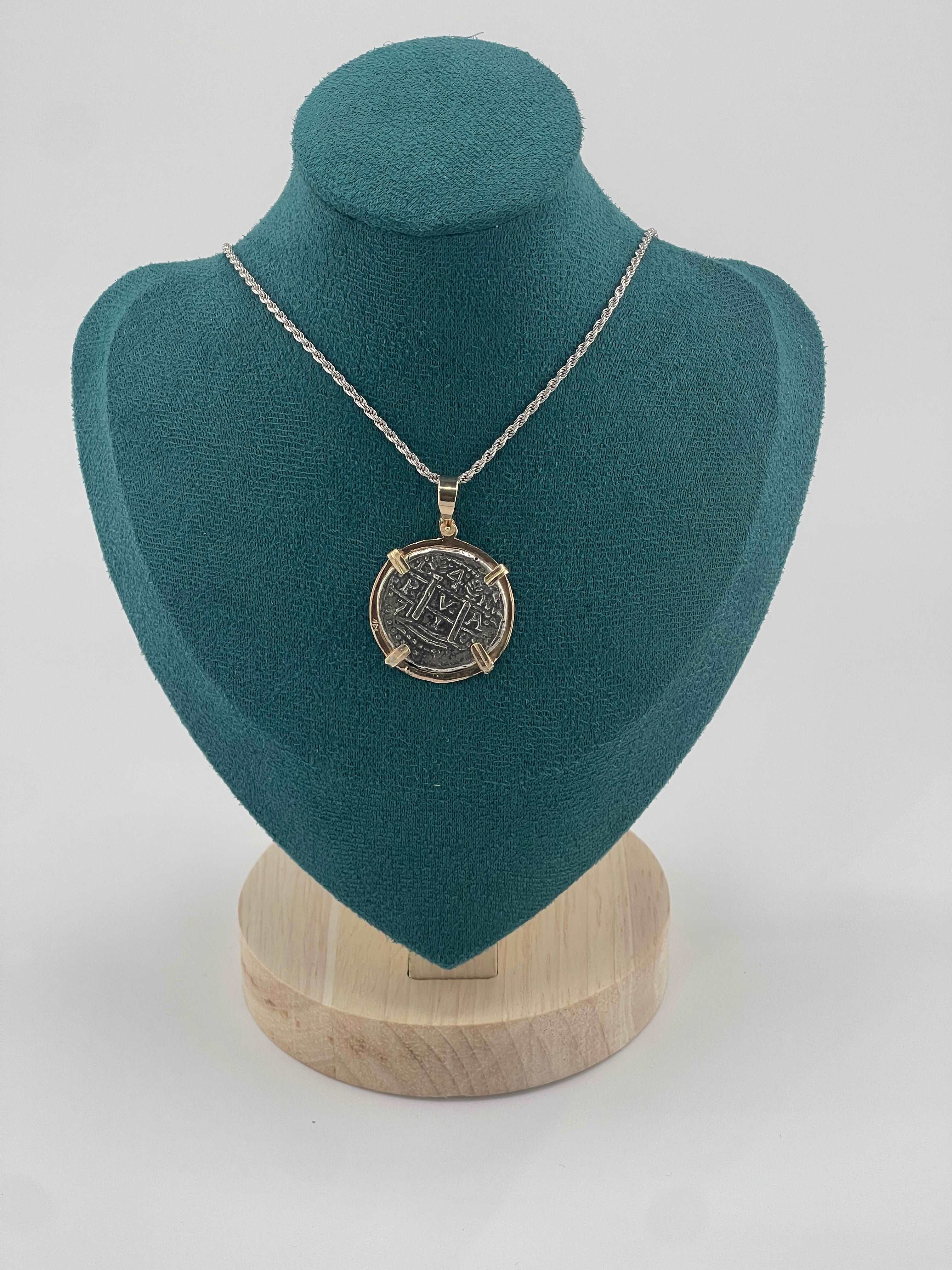 NUESTRA SENORA DE ATOCHA SILVER COIN PENDANT IN 14KT SOLID GOLD BEZEL