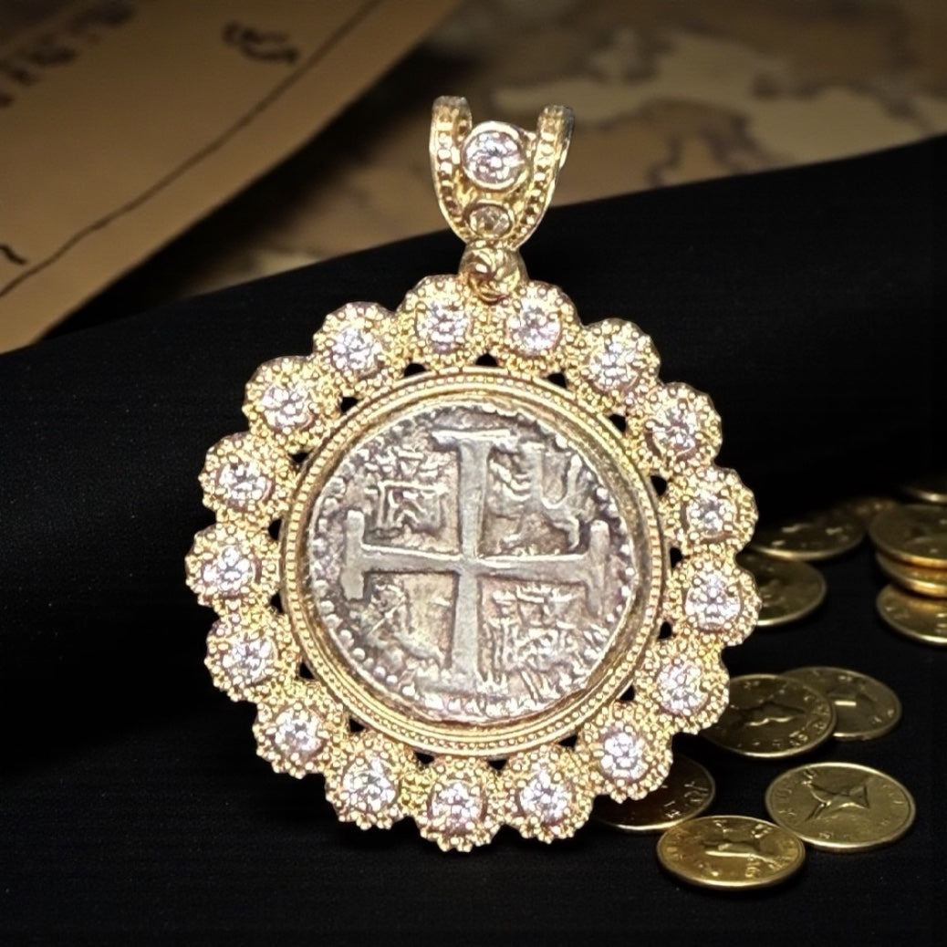 ATOCHA SILVER COIN PENDANT IN 10KT REAL GOLD SETTING WITH GORGEOUS WHITE CRYSTALS