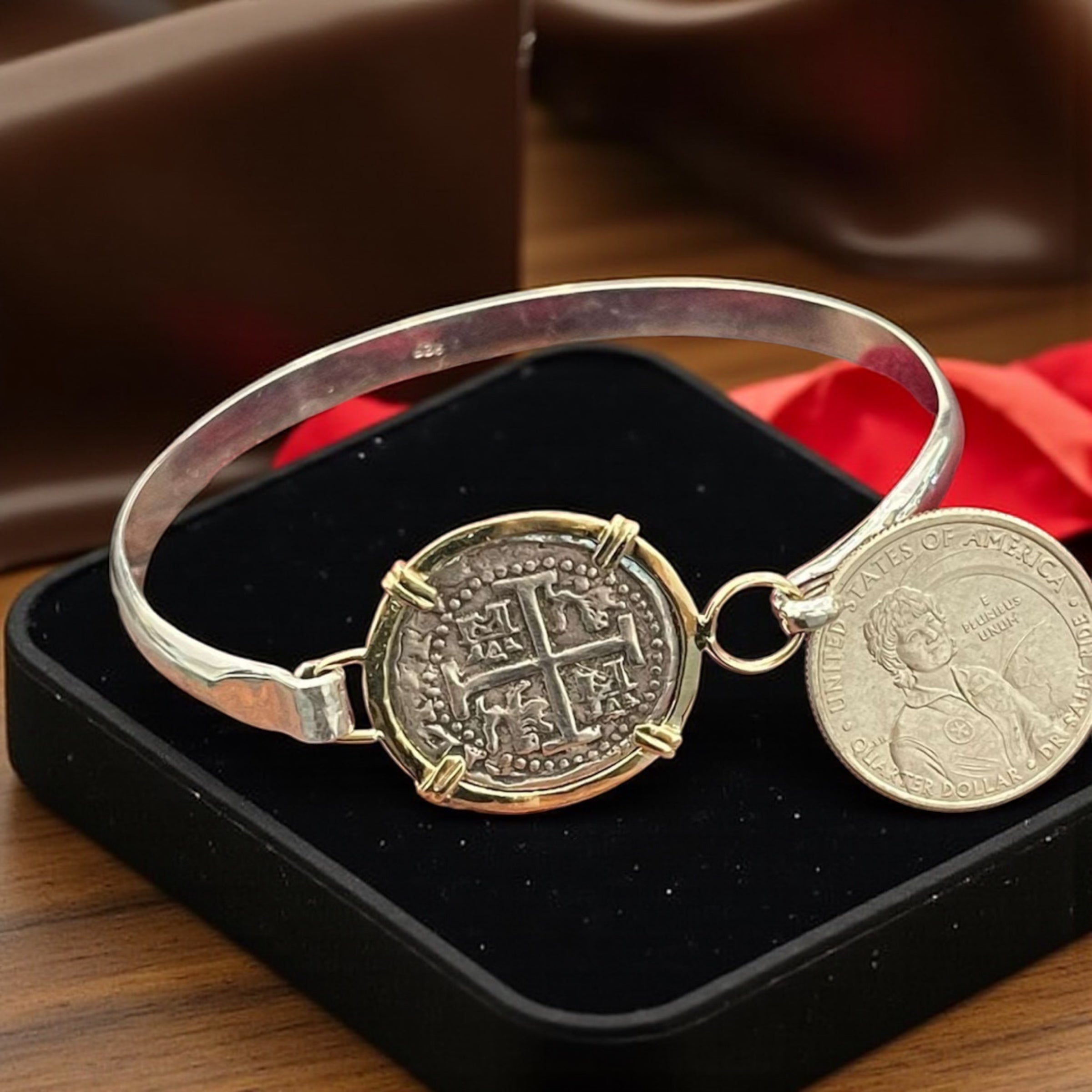 ATOCHA SOLID SILVER COIN BANGLE BEZELED WITH 14k SOLID GOLD
