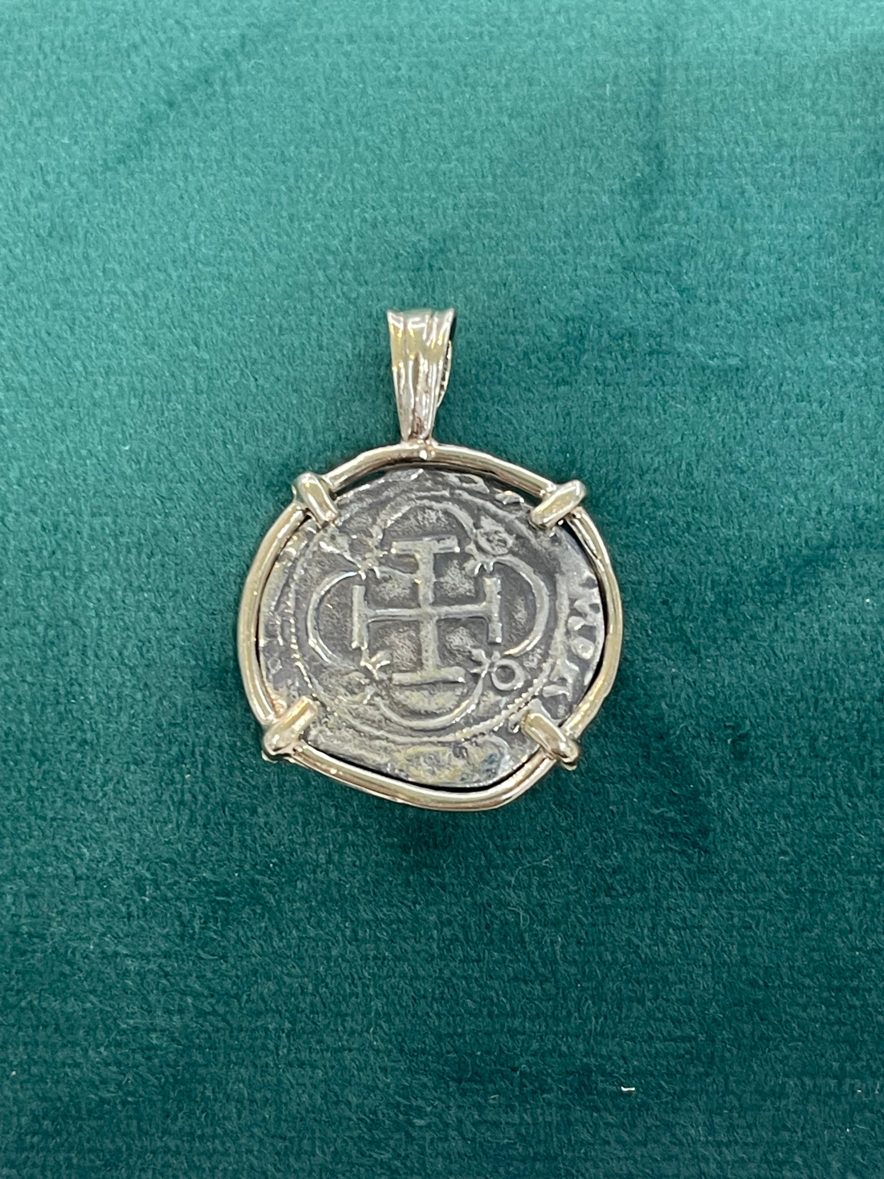 NUESTRA SENORA DE ATOCHA SILVER COIN PENDANT IN 14KT SOLID GOLD BEZEL HANDMADE WITH ATOCHA SILVER