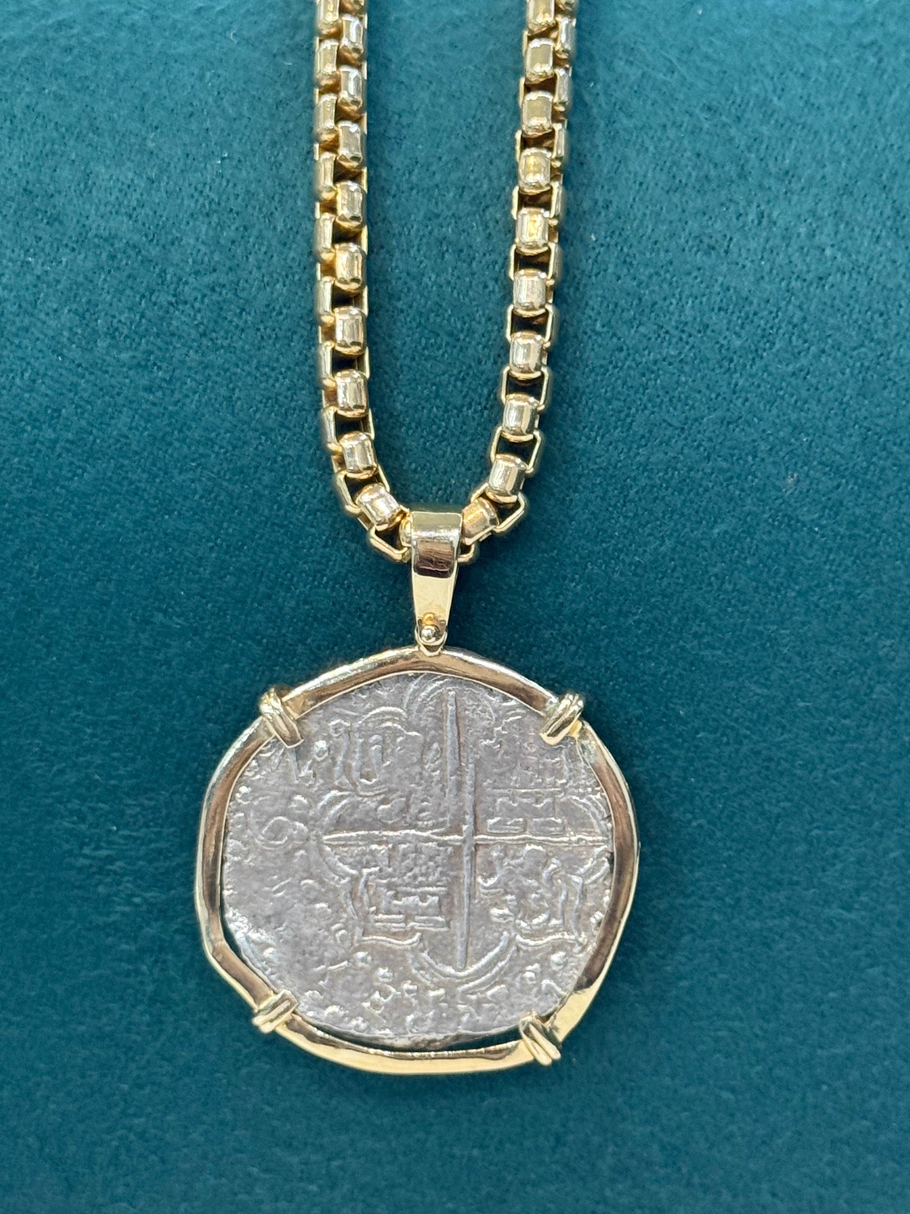 NUESTRA SENORA DE ATOCHA SILVER COIN PENDANT IN 14K REAL SOLID GOLD BEZEL 8 REALE SIZE HANDMADE FROM ATOCHA SILVER