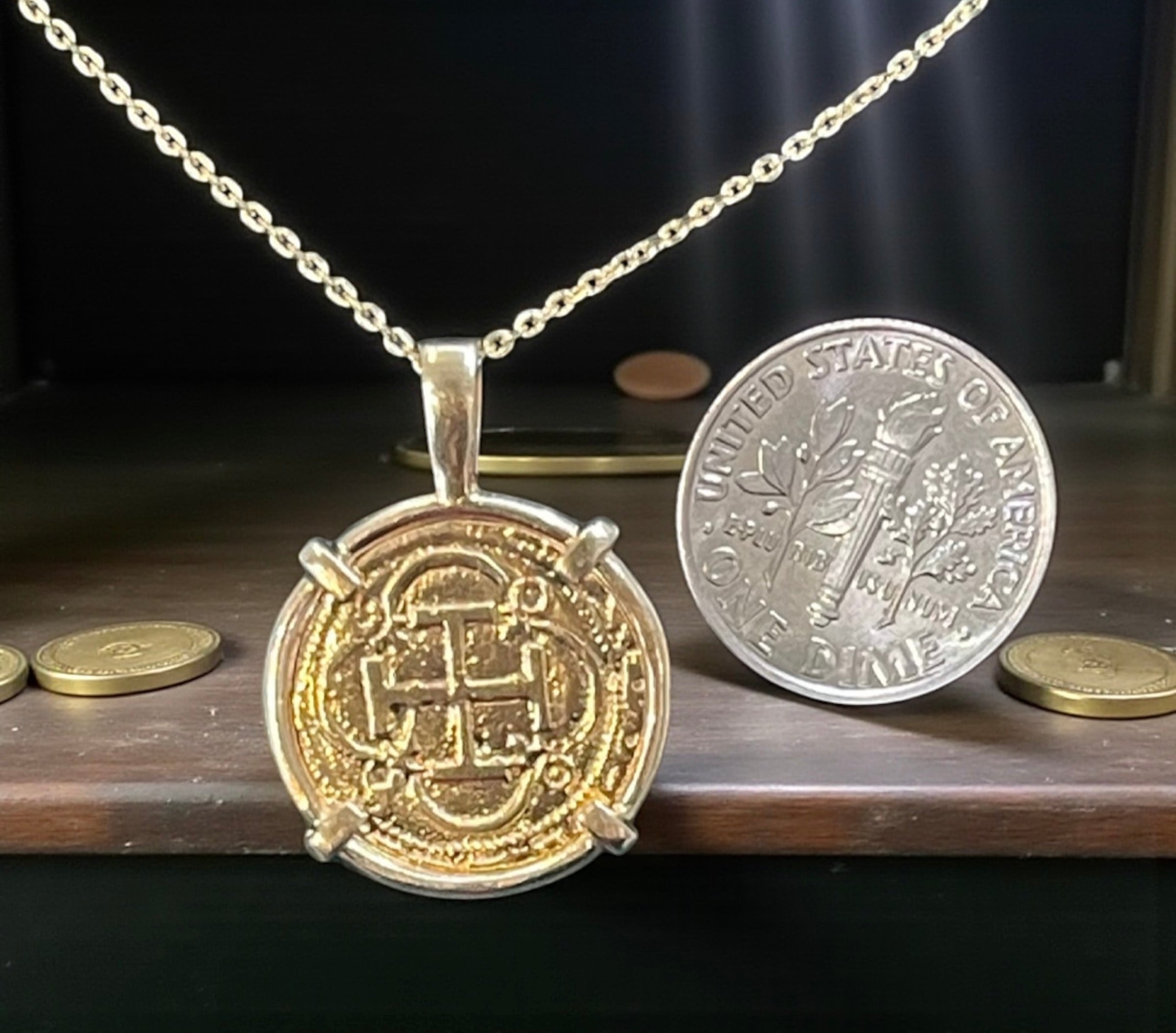 ATOCHA SHIPWRECK GOLD COIN PENDANT HANDMADE WITH 14k SOLID GOLD WITH 14k REAL GOLD CHAIN 18” LONG