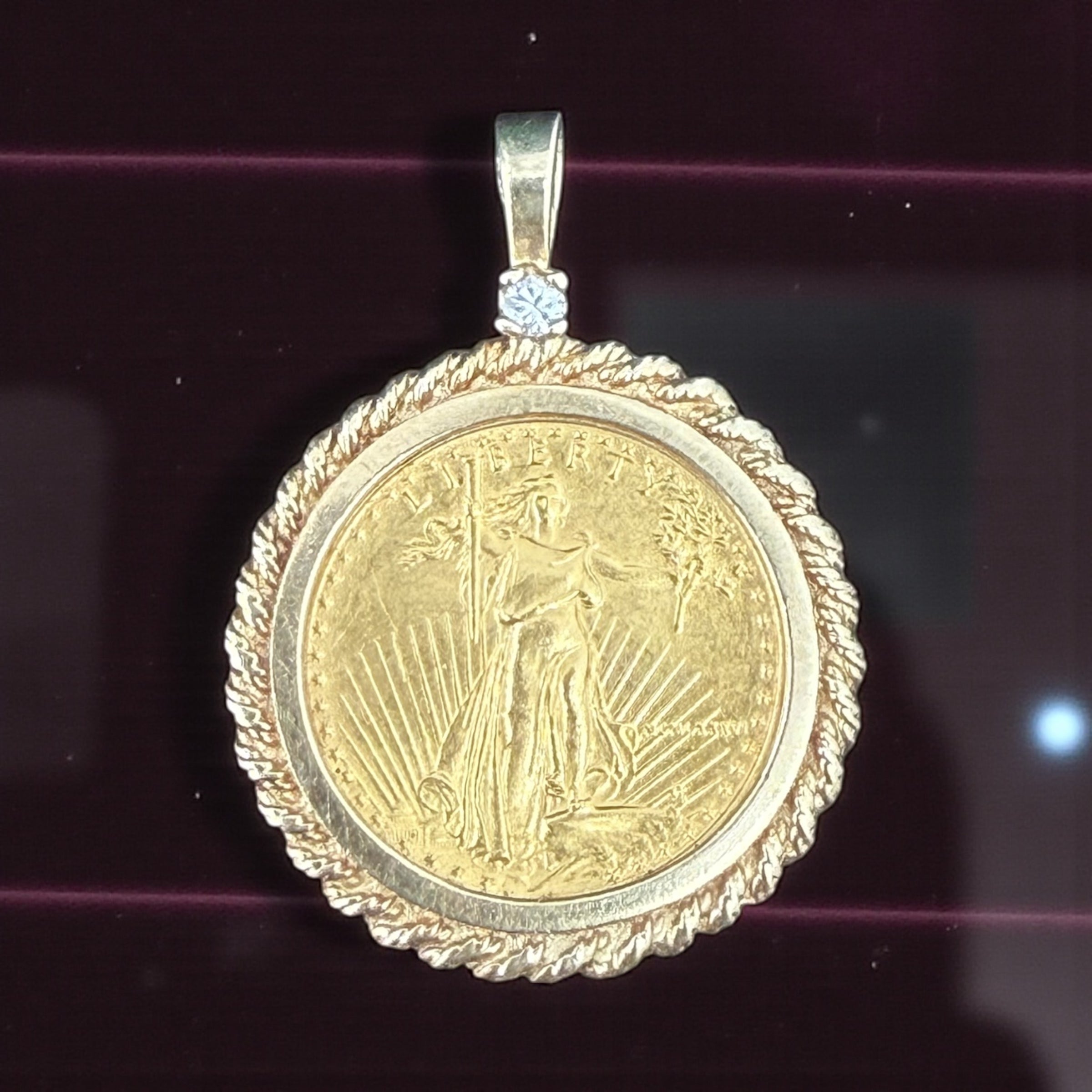 24k Real Gold LIBERTY coin pendant in 14k real gold bezel and bale