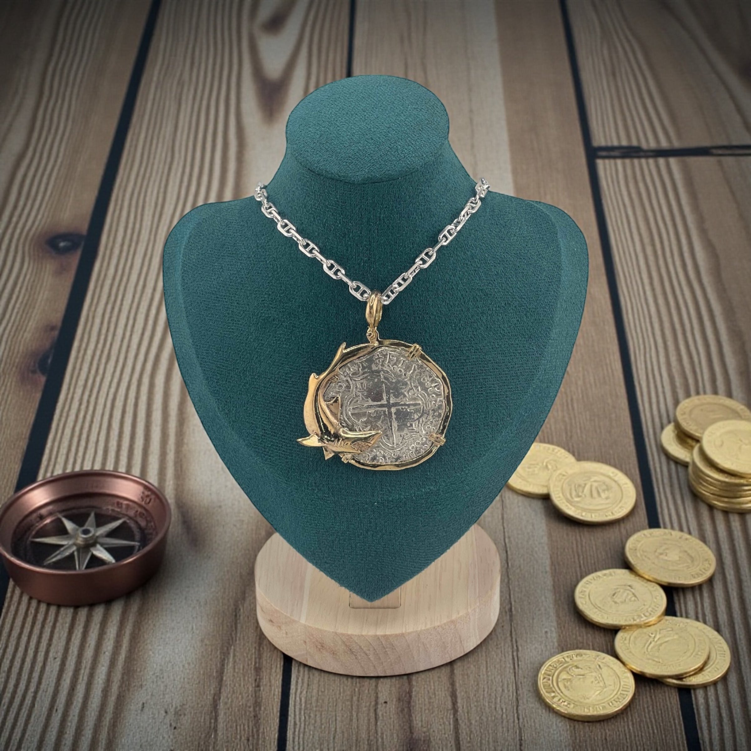 NUESTRA SENORA DE ATOCHA SOLID LARGE SILVER COIN PENDANT IN 14KT SOLID FISH GOLD BEZEL