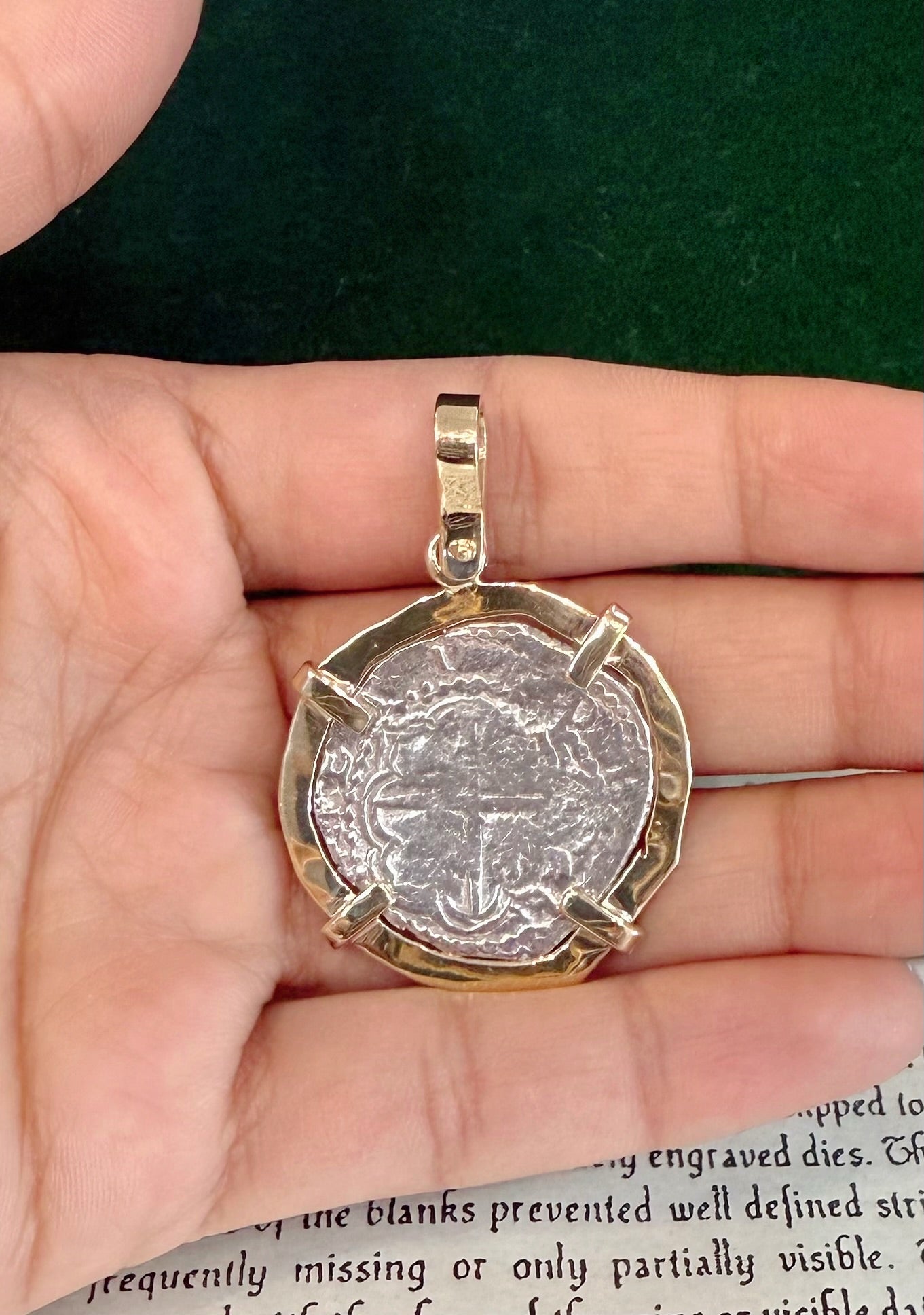 ACTUAL COIN NUESTRA SENORA DE ATOCHA SILVER COIN 2 REALE GRADE 1 Q ASSAYER IN 14K SOLID GOLD BEZEL SHIPWRECK COIN PENDANT