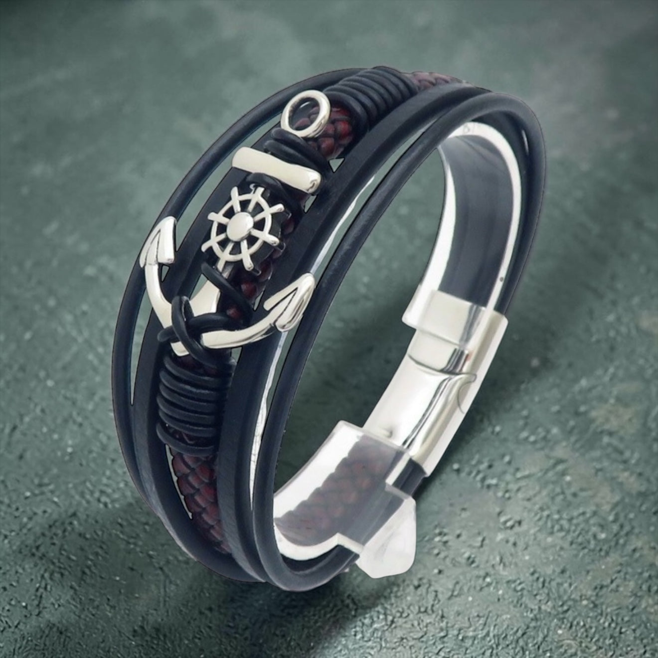 Stainless Steel Magnetic Clasp Leather Bracelet Woven Bangle Nautical Compass Anchor Braided Multi-layer Men's Bracelet