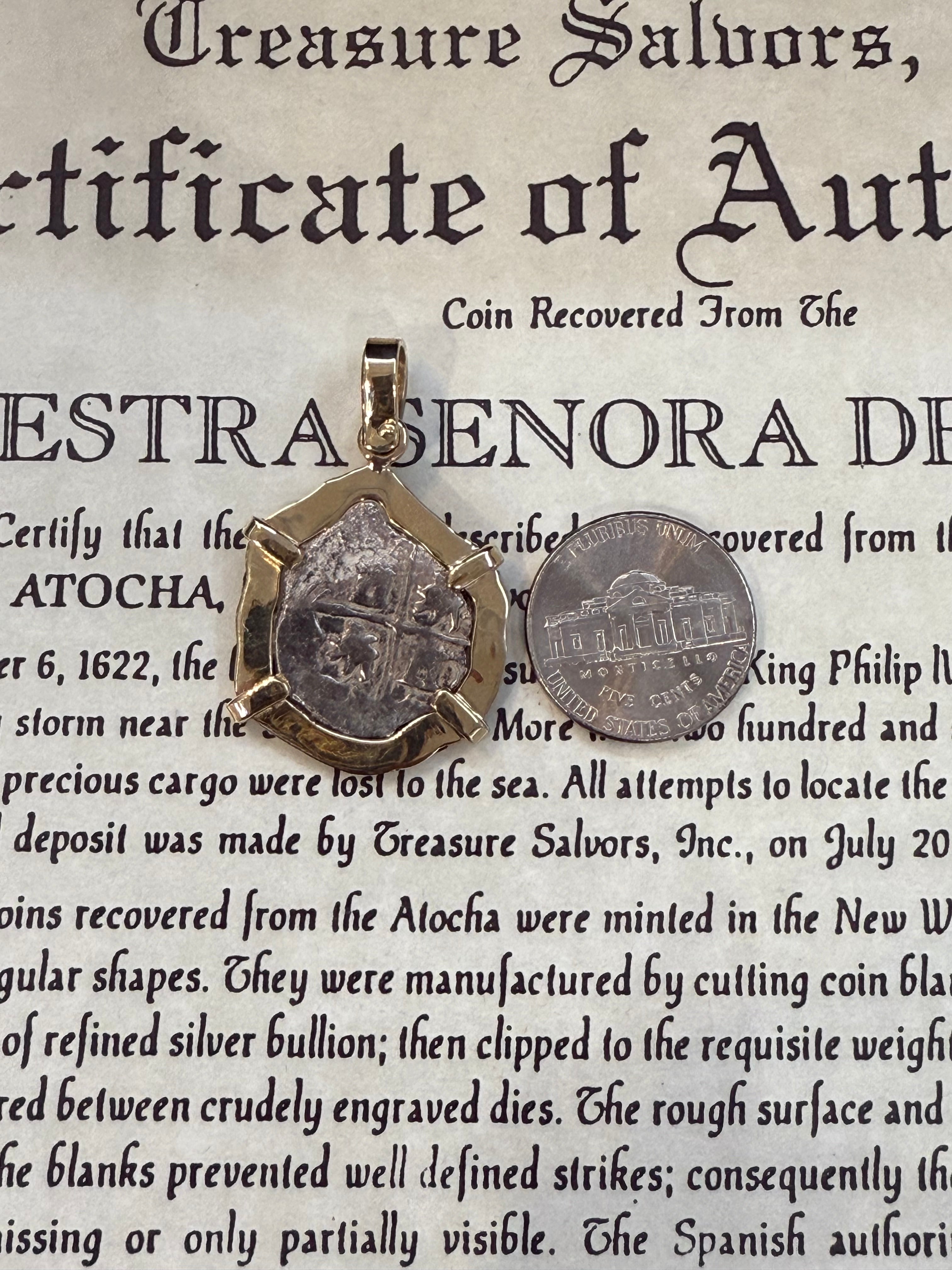ACTUAL COIN NUESTRA SENORA DE ATOCHA SILVER COIN 1 REALE GRADE 3 IN 14K SOLID GOLD BEZEL SHIPWRECK COIN PENDANT