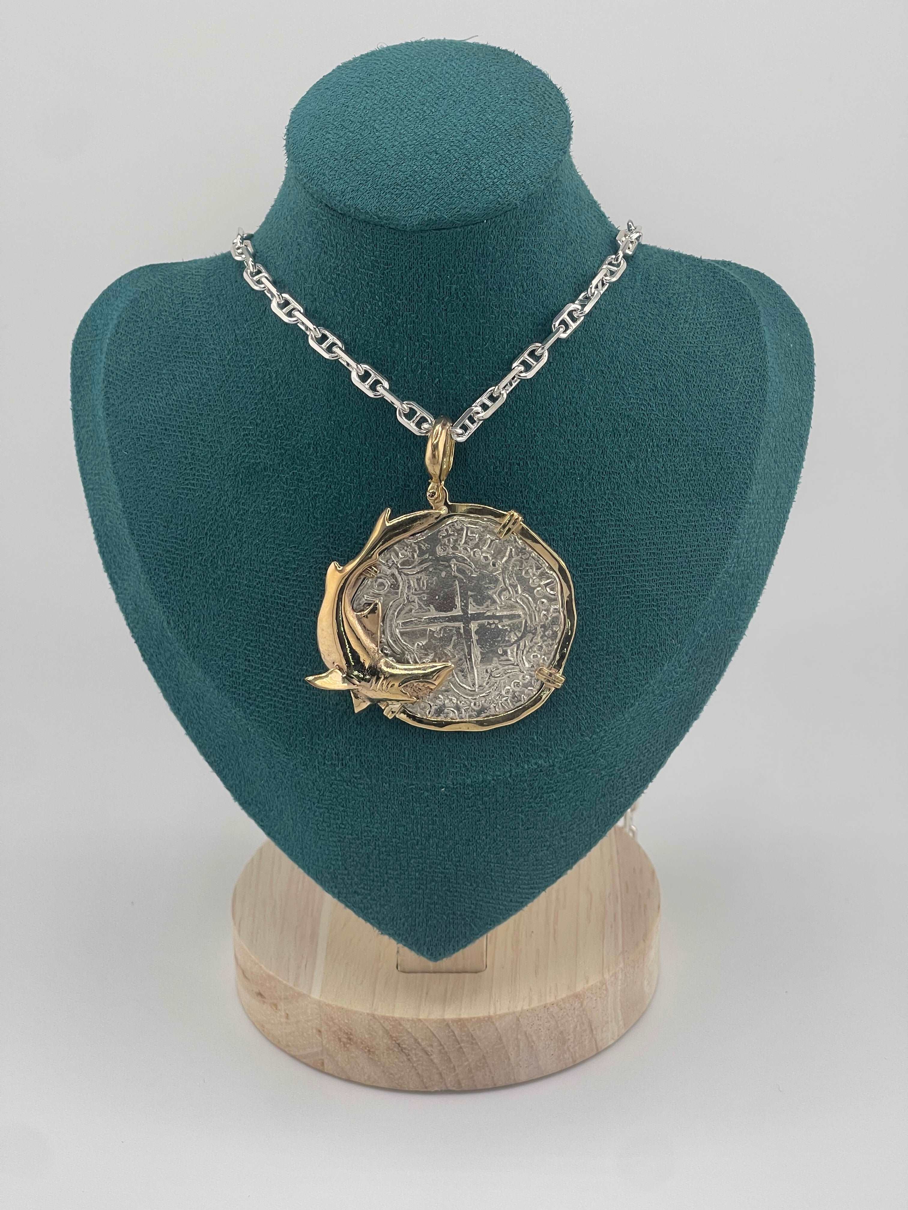 NUESTRA SENORA DE ATOCHA SOLID LARGE SILVER COIN PENDANT IN 14KT SOLID FISH GOLD BEZEL