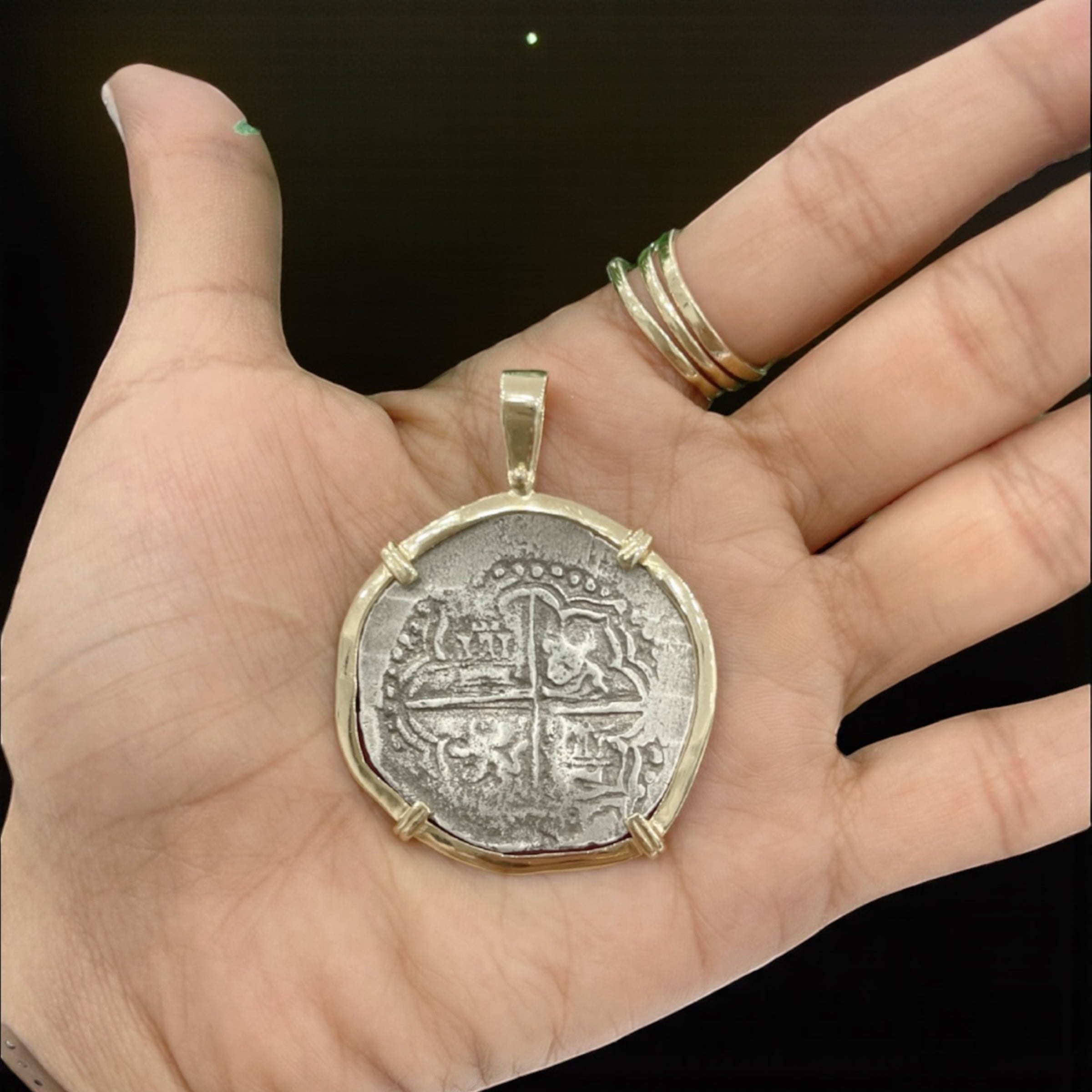NUESTRA SENORA DE ATOCHA SILVER COIN PENDANT IN 14K REAL SOLID GOLD BEZEL 8 REALE SIZE HANDMADE FROM ATOCHA SILVER