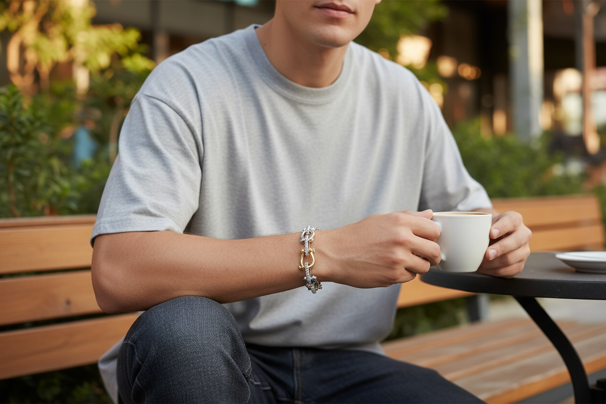 925 ITALIAN SOLID STERLING SILVER HANDMADE HEAVY SHACKLE BRACELET 11MM WITH 1 SINGLE CENTRE 10K SOLID GOLD SHACKLE LINK