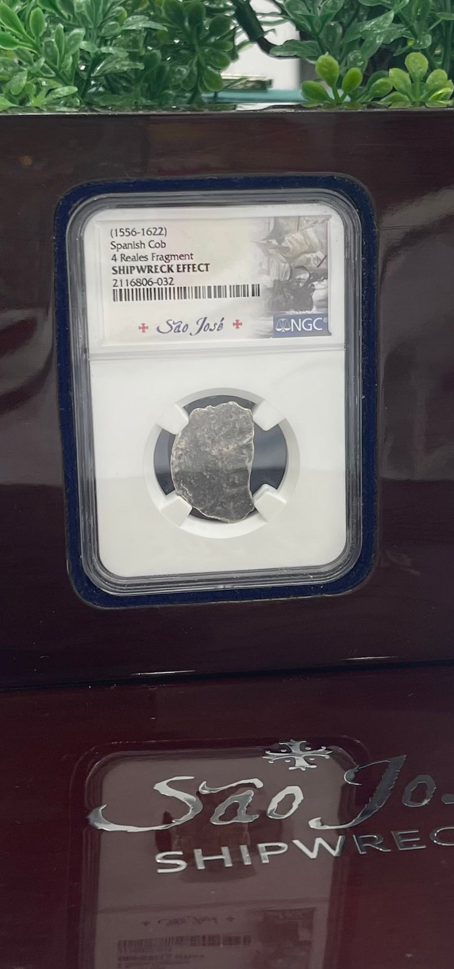 1556-1622 SPANISH COB 4 REALES FRAGMENT SAO JOSE ACTUAL COIN SEALED SHIPWRECK COIN