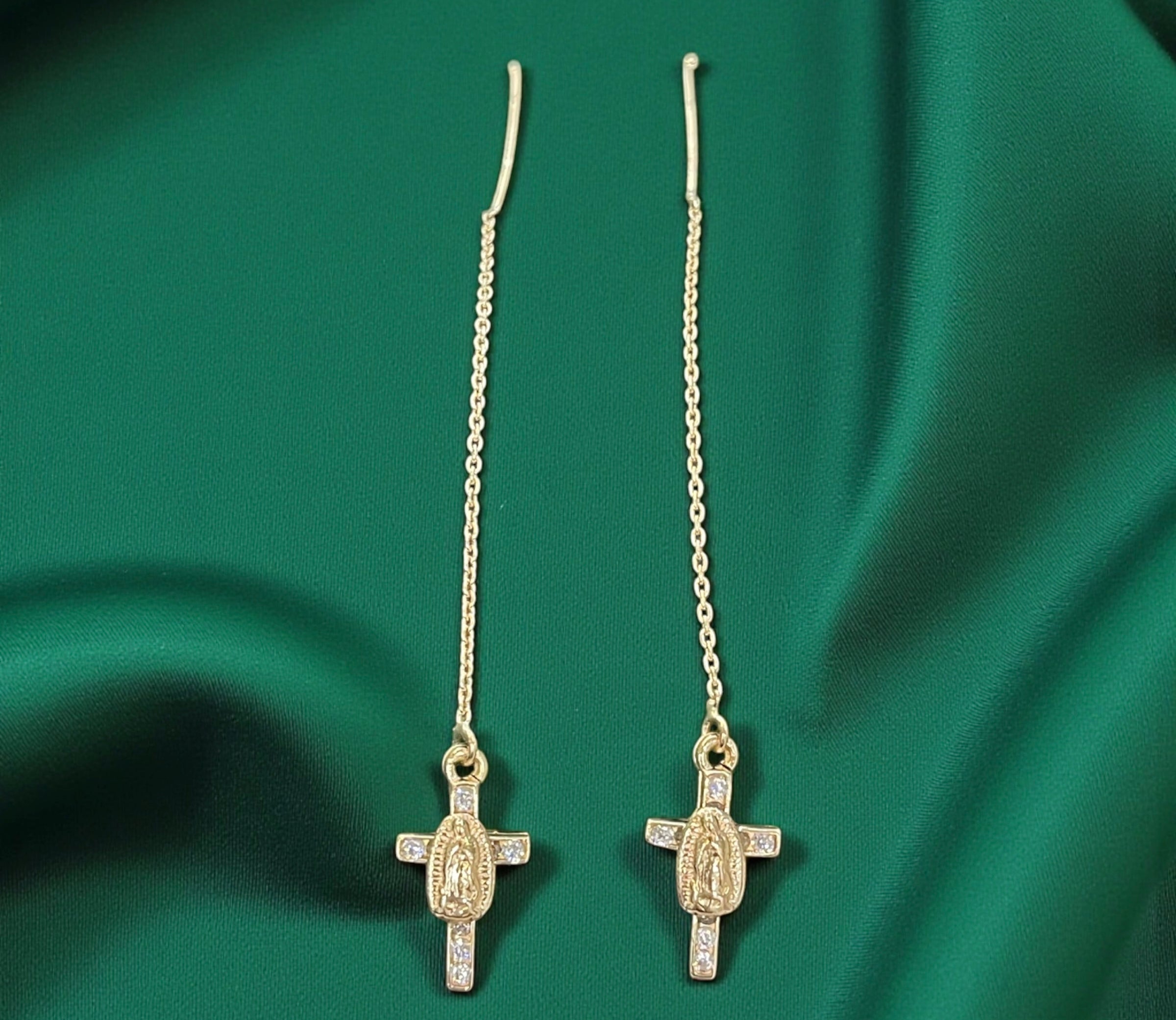 14K REAL GOLD CROSS MOTHER MARY THREAD EARRINGS.
