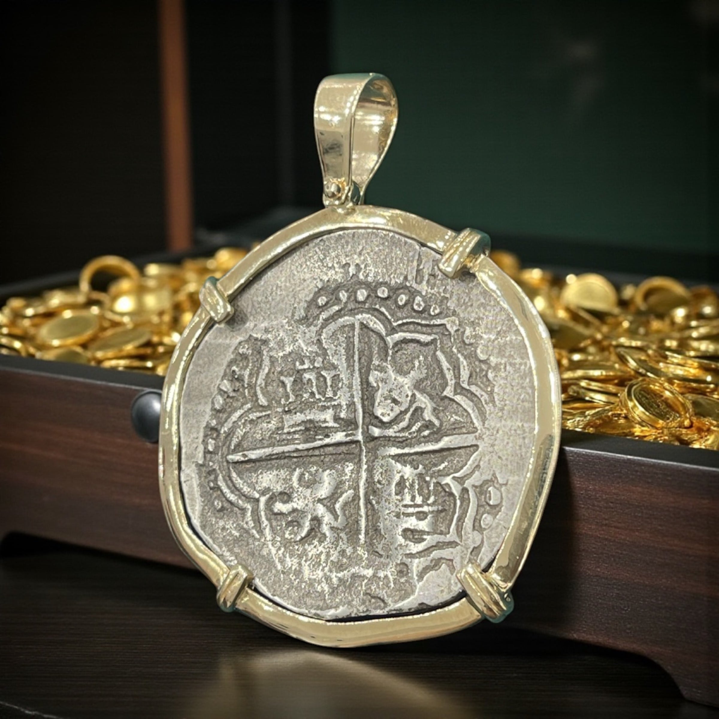 NUESTRA SENORA DE ATOCHA SILVER COIN PENDANT IN 14K REAL SOLID GOLD BEZEL 8 REALE SIZE HANDMADE FROM ATOCHA SILVER
