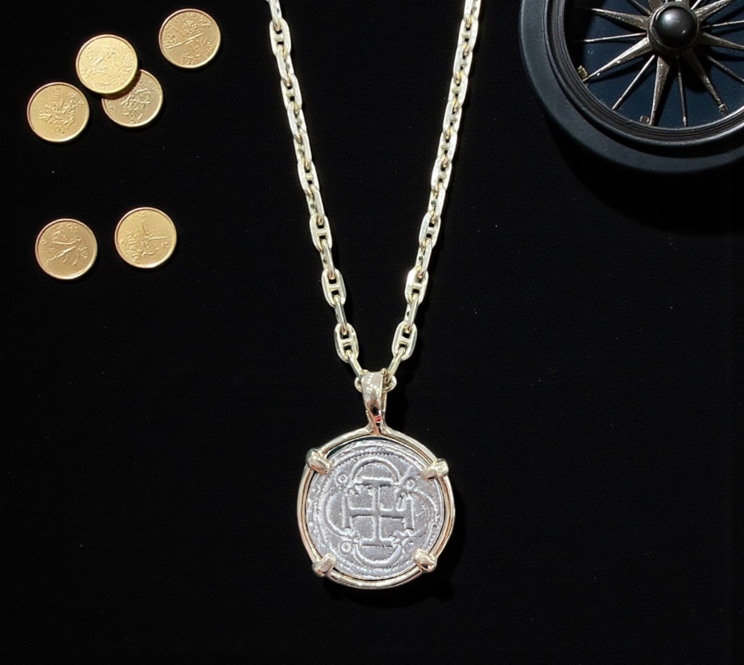 NUESTRA SENORA DE ATOCHA SILVER DIME SIZE COIN PENDANT MADE FROM ATOCHA SILVER IN 14KT SOLID GOLD BEZEL