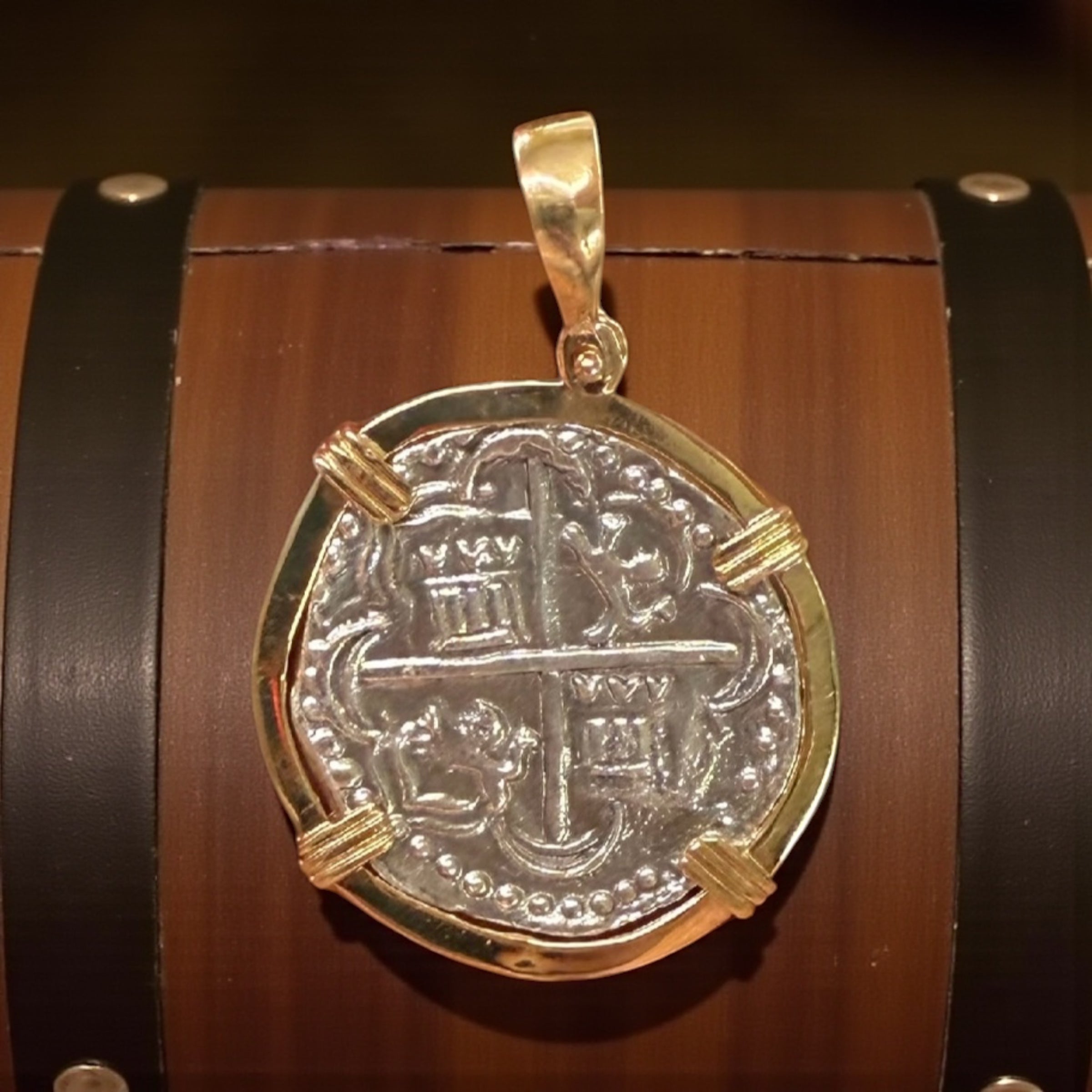 GORGEOUS ATOCHA SOLID SILVER SOLID COIN PENDANT IN 14K SOLID GOLD BEZEL