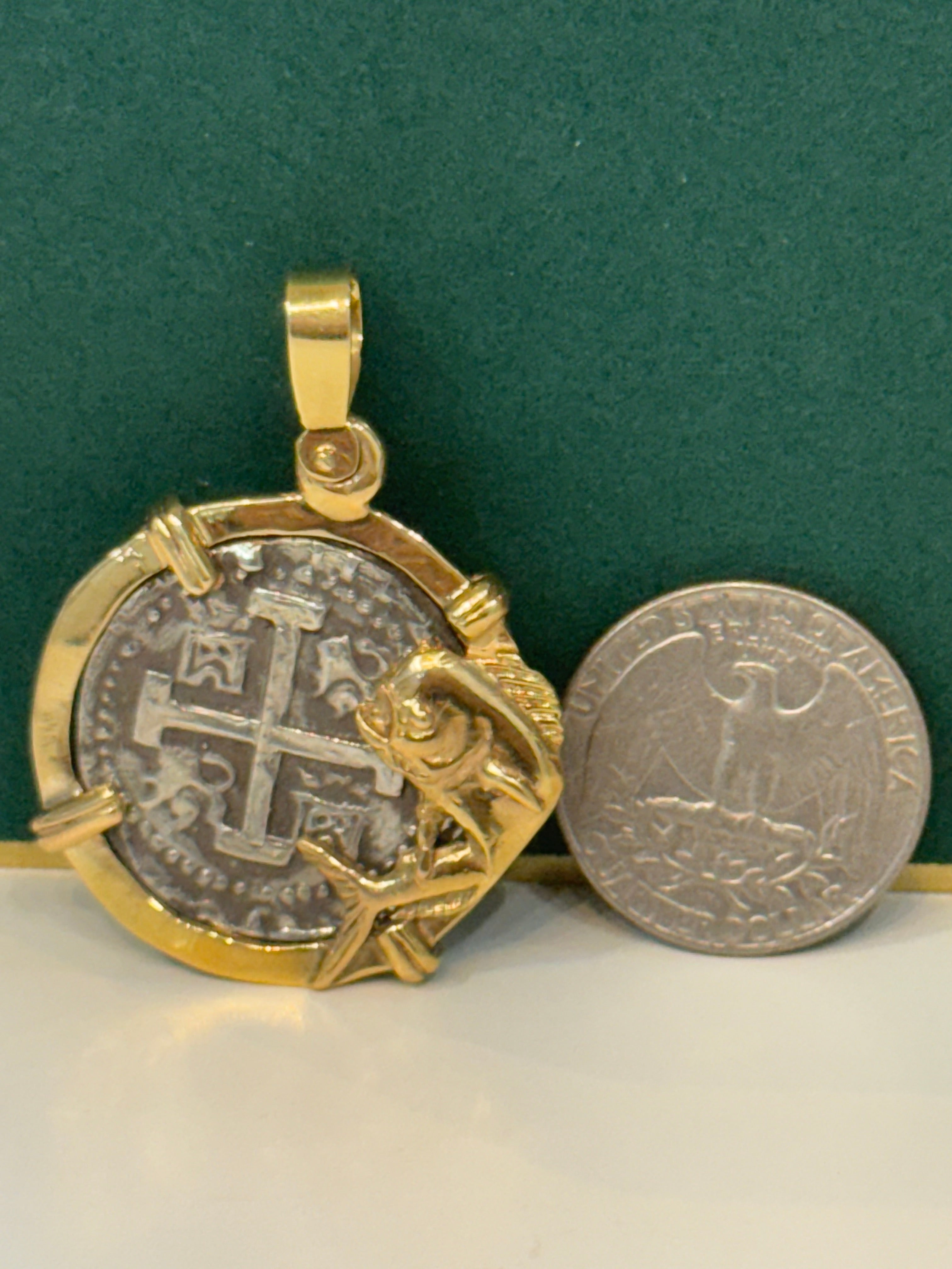 ATOCHA SOLID SILVER COIN PENDANT IN 14KT SOLID REAL GOLD MAHI MAHI FISH BEZEL