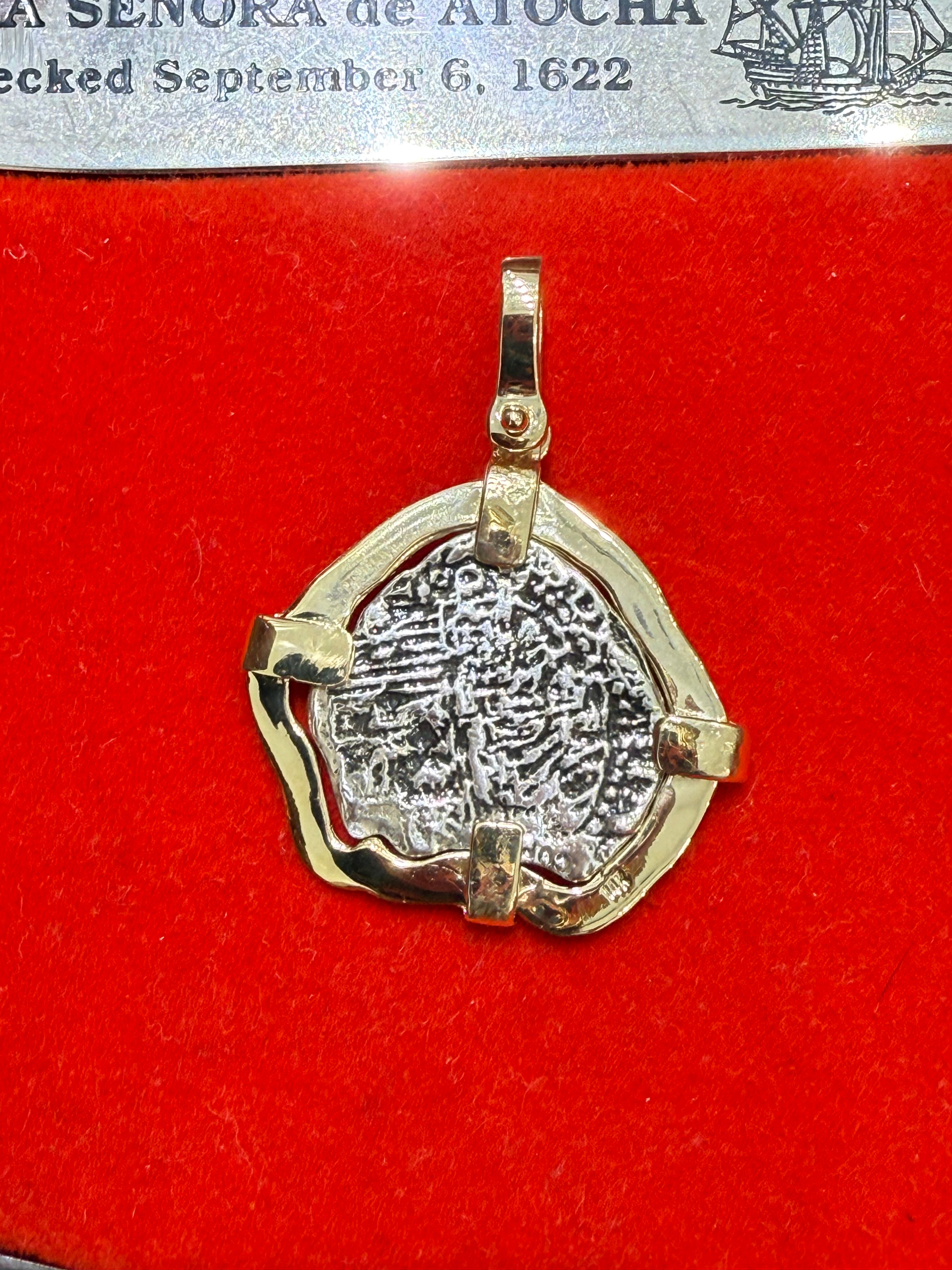UNIQUE SHAPE ATOCHA SILVER SOLID COIN PENDANT IN 14K SOLID GOLD BEZEL